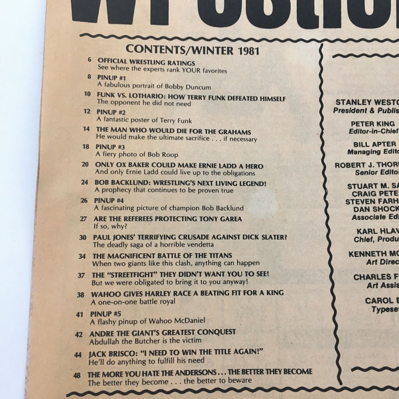Table of contents from The Best of the Wrestler Magazine Winter 1981 listing various articles and features on wrestling legends and events.