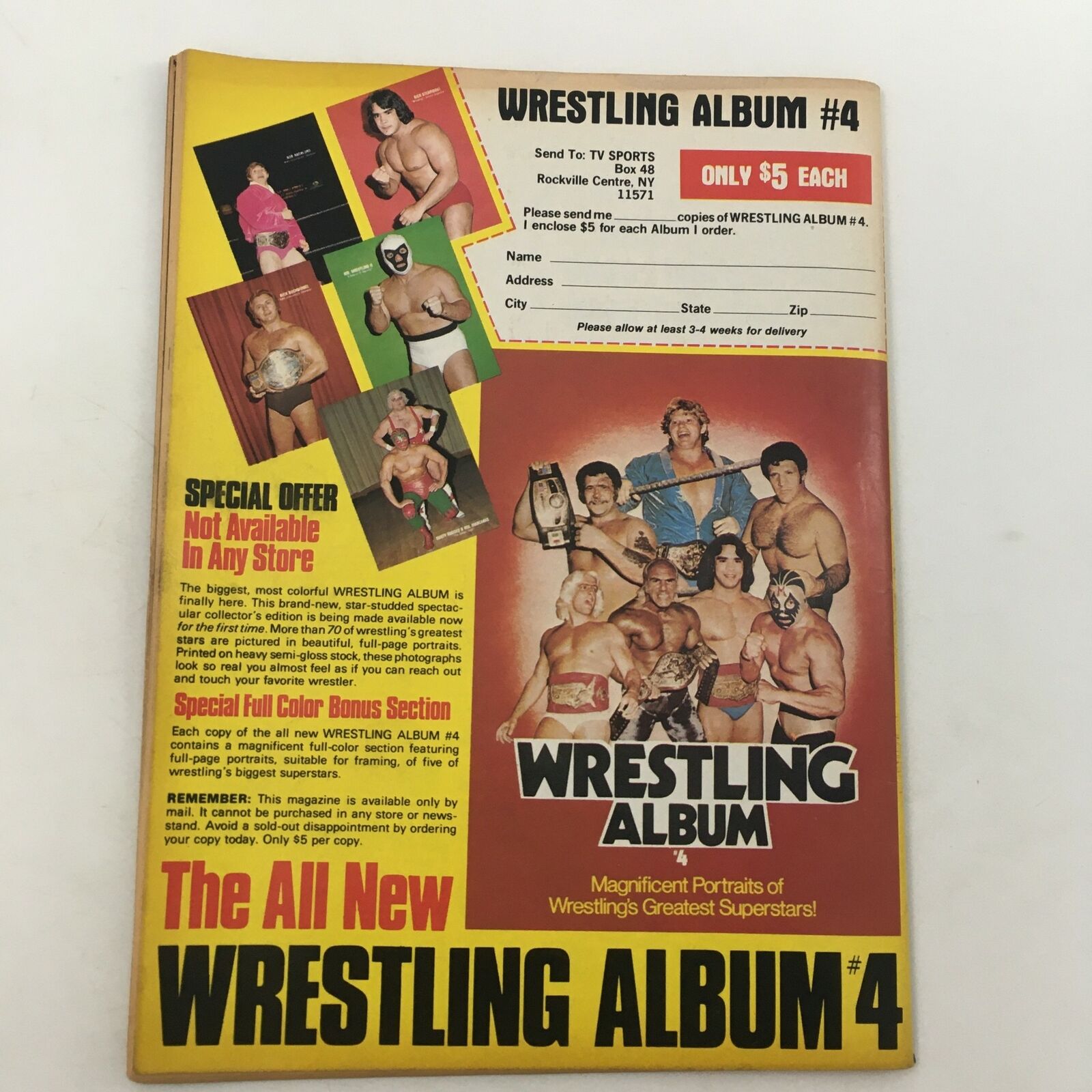 Back cover of The Best of the Wrestler Magazine Winter 1981 showcasing an advertisement for Wrestling Album #4 with various wrestling superstars.