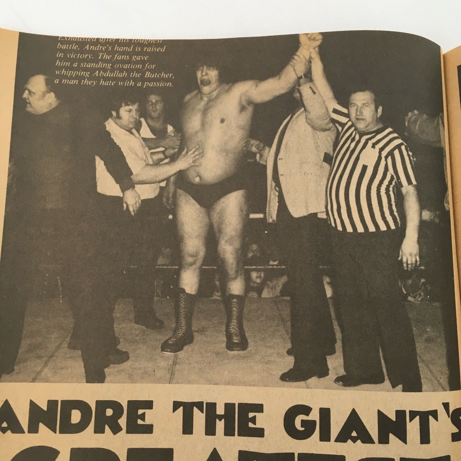 Historic moment from The Best of the Wrestler Magazine Winter 1981 showcasing Andre the Giant celebrating his victory with his hand raised, surrounded by spectators and officials.