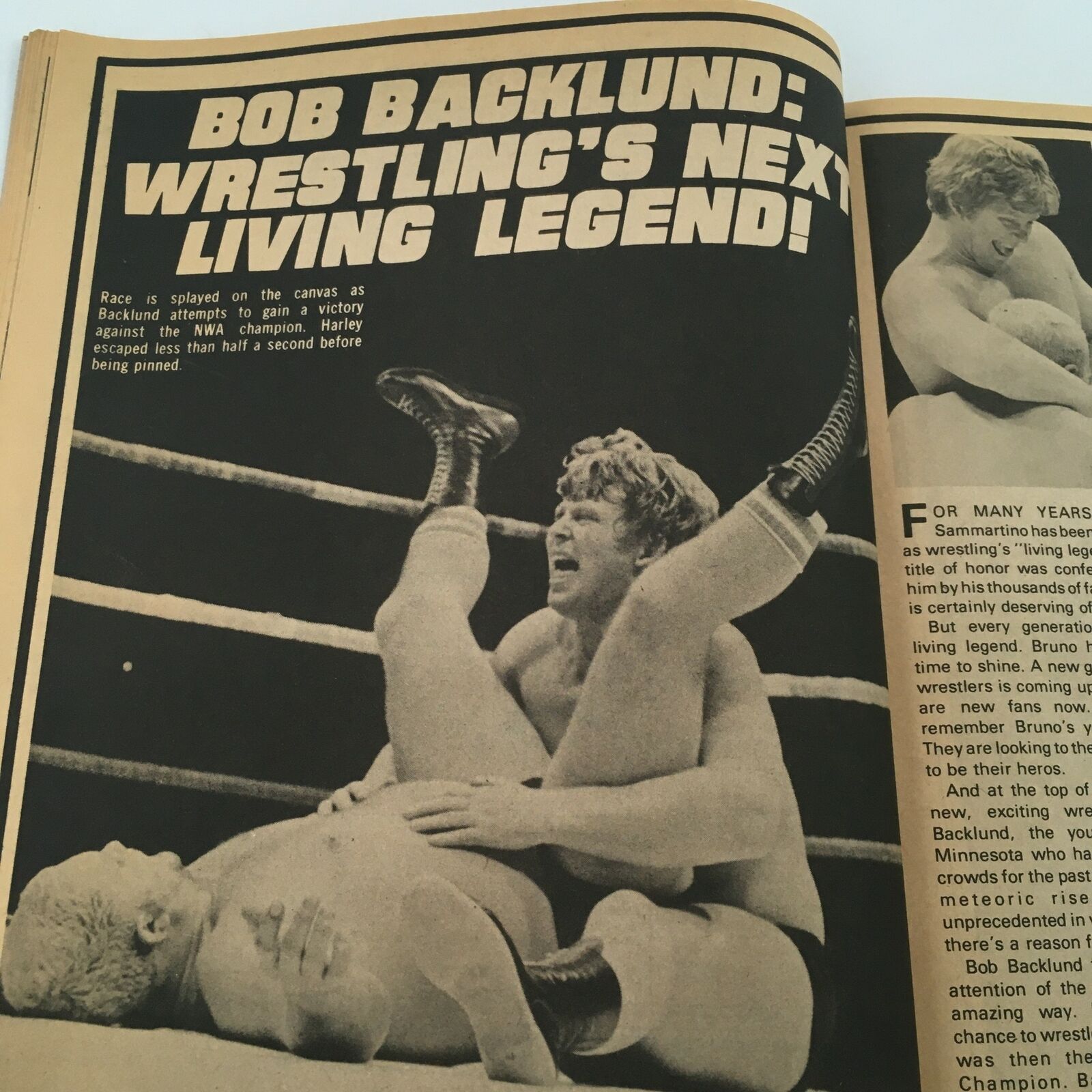 Action shot of Bob Backlund, featured in The Best of the Wrestler Magazine Winter 1981, executing a wrestling move against an opponent in the ring, capturing the excitement of the sport.