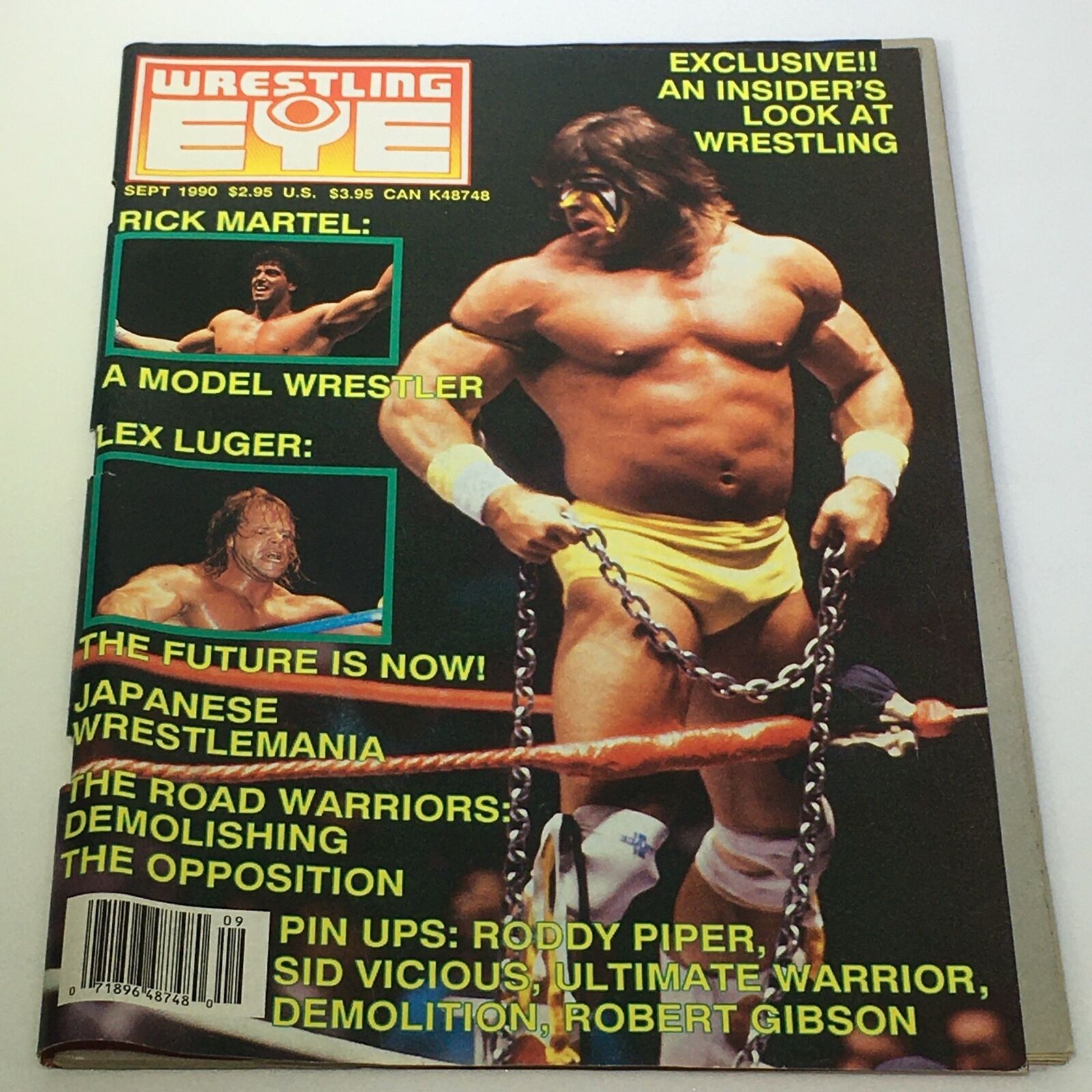 Vintage Wrestling Eye Magazine cover from September 1990 featuring Rick Martel and Lex Luger, showcasing a collection of wrestling highlights and features.