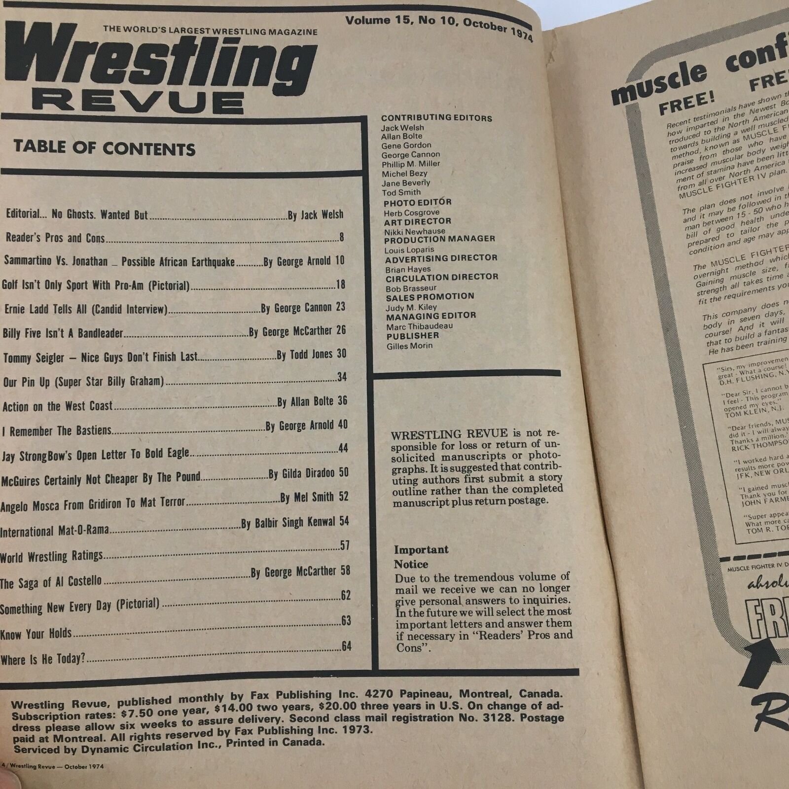 Wrestling Revue Magazine October 1974 Bruno Sammartino vs Jonathan No Label