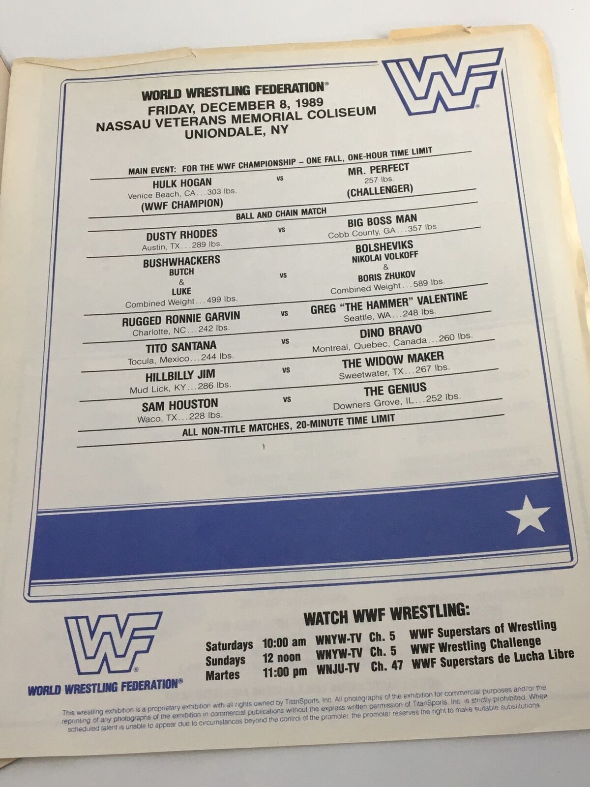 VTG WWF Program 1989 Vol 175 The Bushwhackers & Widow Maker No Label