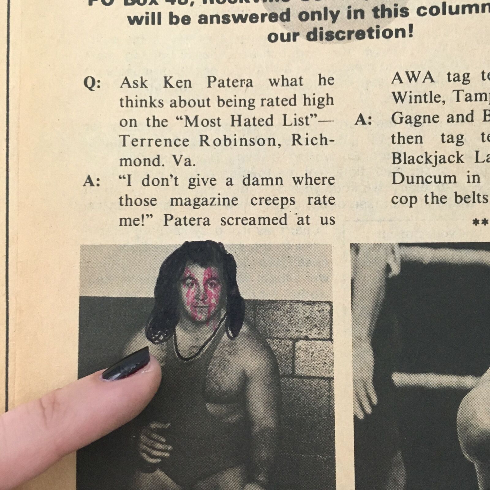 Q&A section from The Wrestler Magazine November 1978 featuring Ken Patera discussing his ranking on the Most Hated List in professional wrestling.
