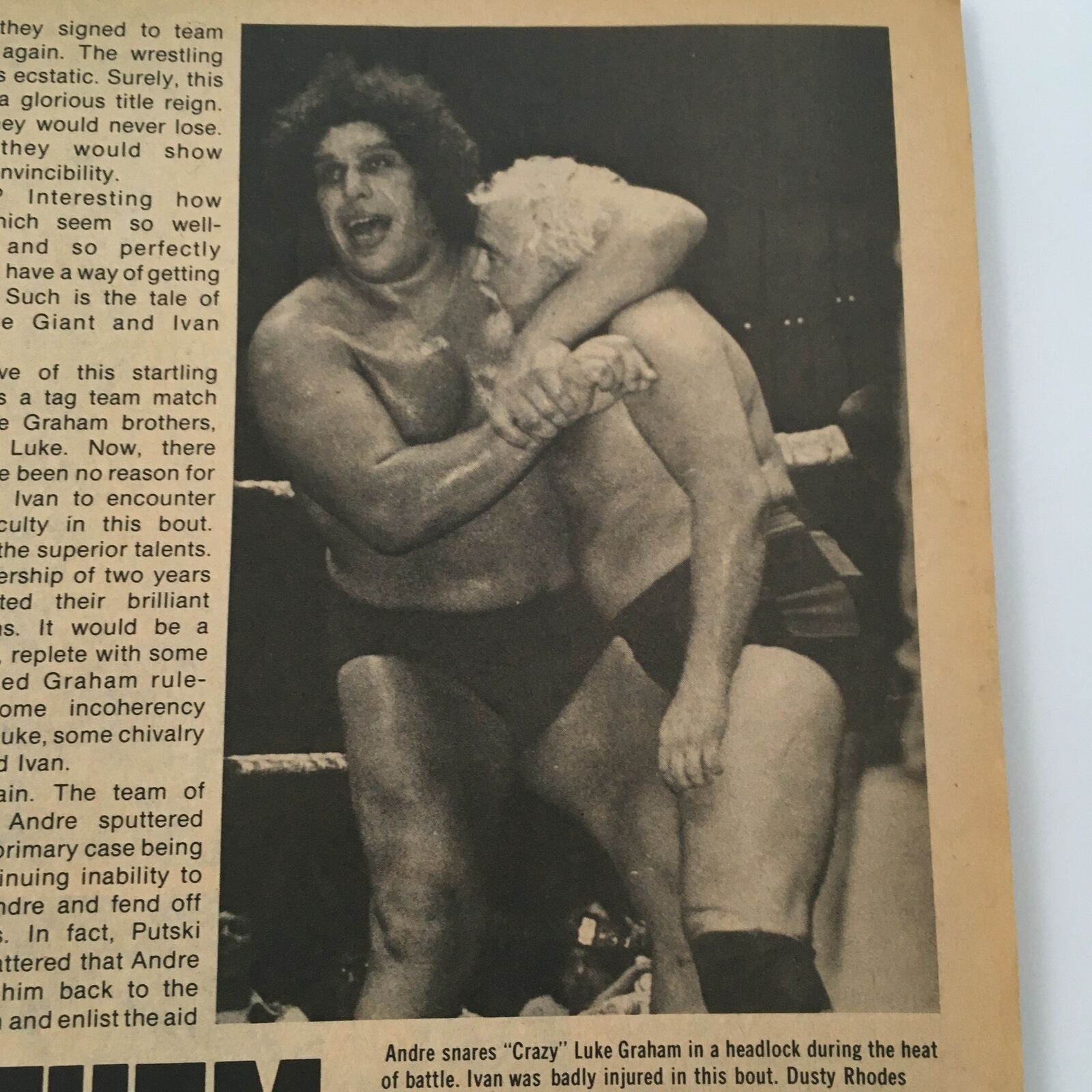 The Wrestler Magazine November 1978 featuring Andre the Giant in a headlock with Crazy Luke Graham during a tag team match. This image highlights a pivotal wrestling moment in history.
