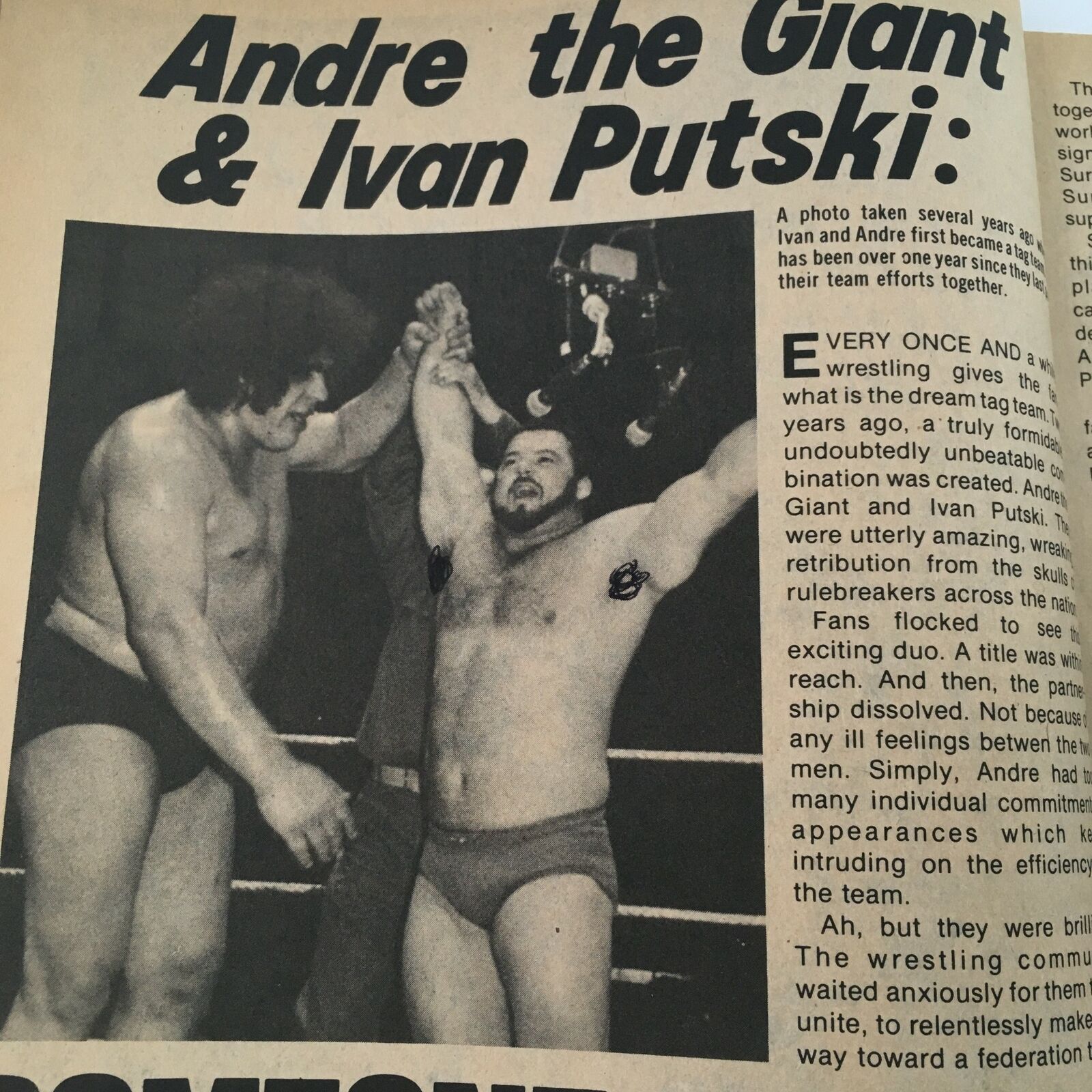 The Wrestler Magazine November 1978 showcasing Andre the Giant and Ivan Putski celebrating victory in the ring, demonstrating their teamwork and prominence in professional wrestling.
