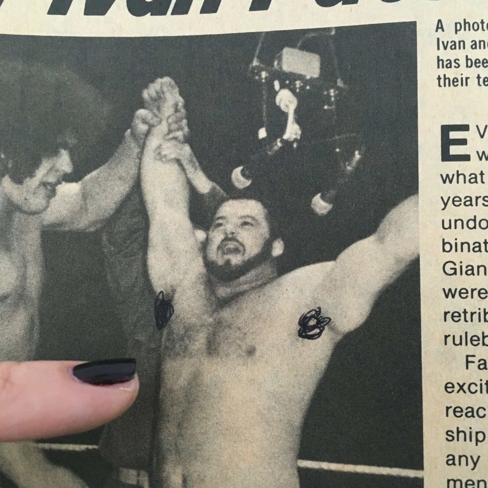 Close-up of Andre the Giant and Ivan Putski raising their arms in triumph in The Wrestler Magazine November 1978. The image captures a significant moment of their wrestling partnership.