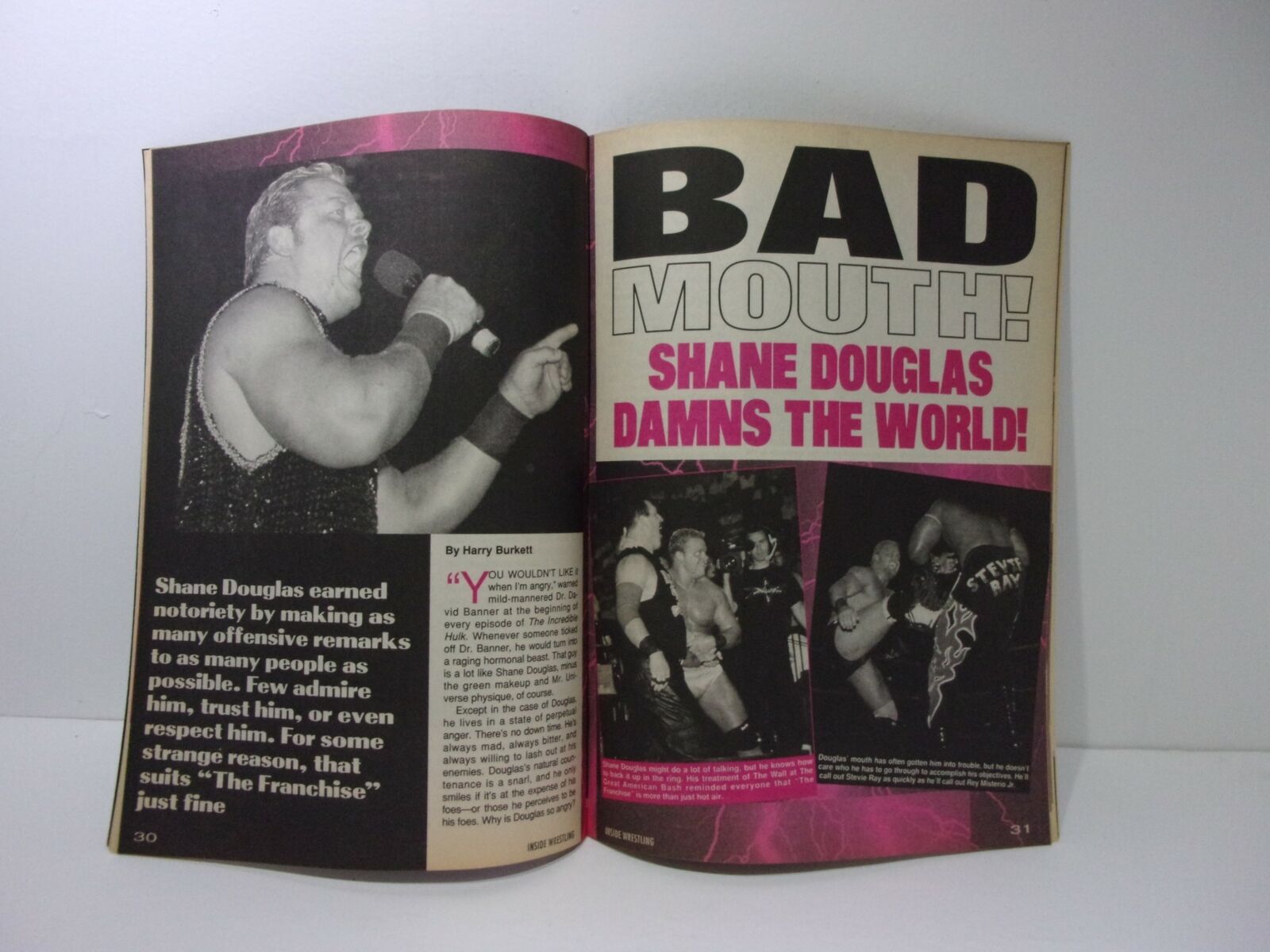 Inside Wrestling Magazine featuring Shane Douglas titled 'BAD MOUTH! SHANE DOUGLAS DAMNS THE WORLD!' showcasing wrestling action and commentary, December 2000.
