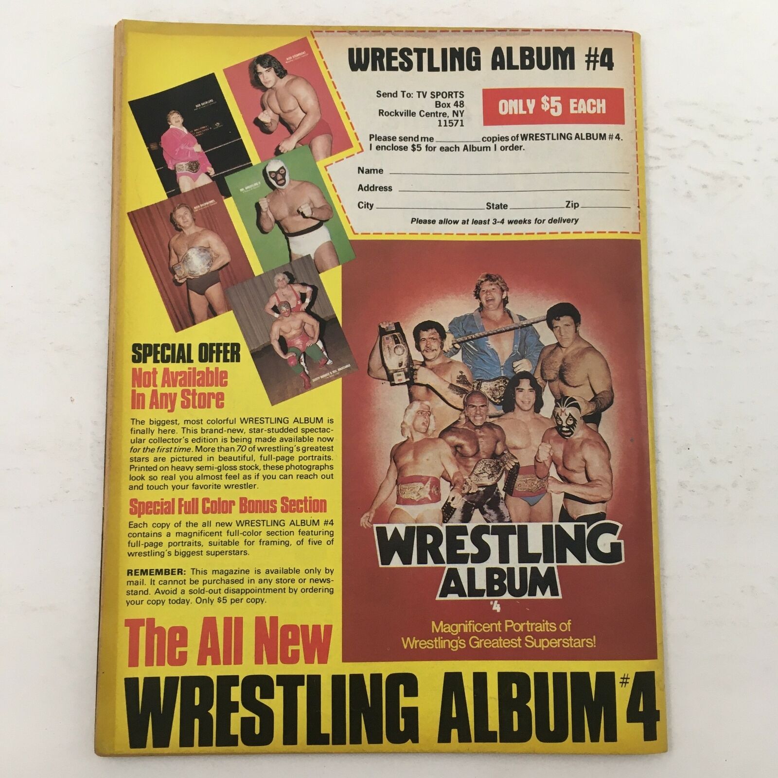Cover of Inside Wrestling Magazine featuring an advertisement for Wrestling Album #4, emphasizing colorful portraits of wrestling superstars, related to the January 1981 issue highlighting the Harley Race vs Bob Backlund feature.