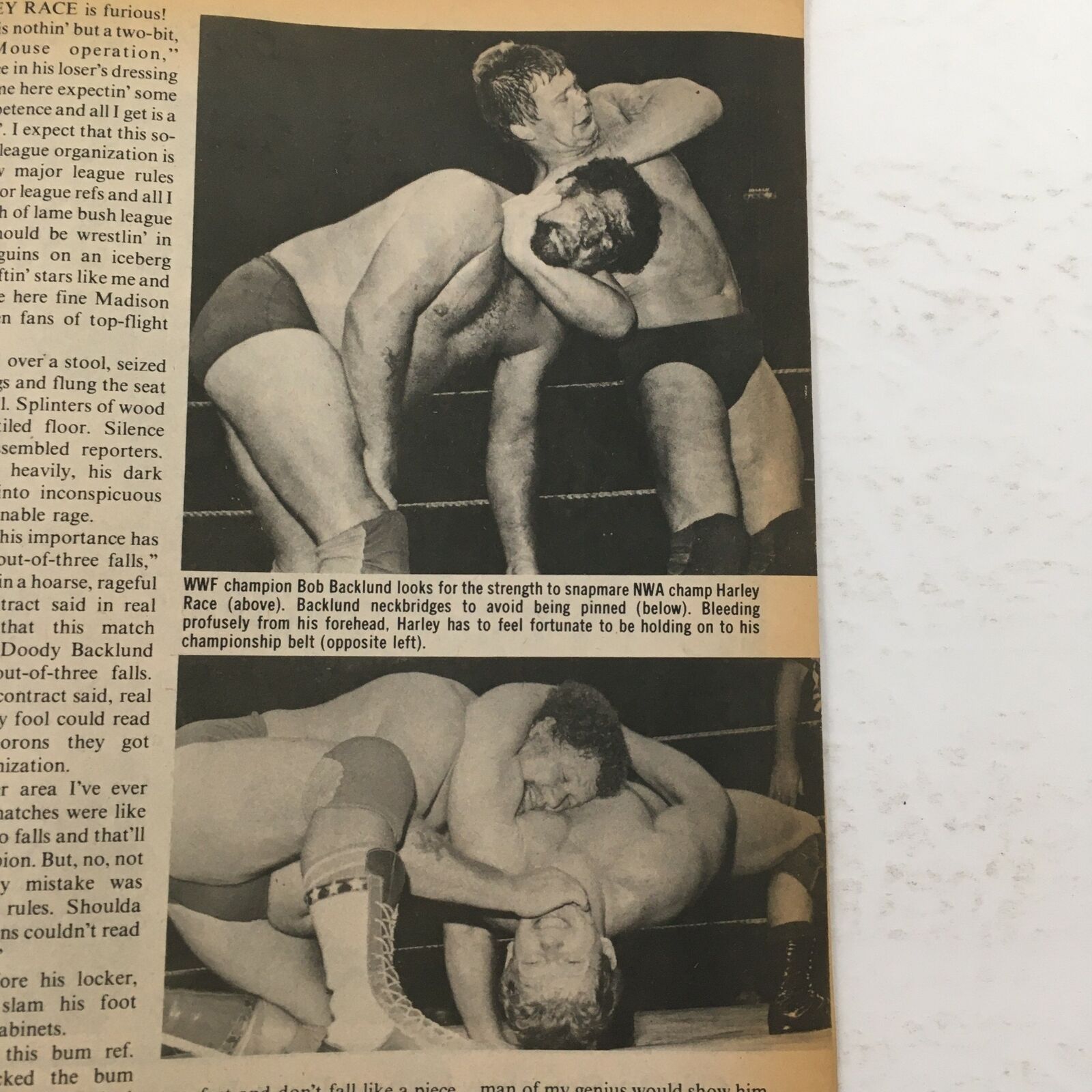Action shot from Inside Wrestling Magazine showing WWF champion Bob Backlund wrestling against NWA champion Harley Race, capturing a pivotal moment in their January 1981 headline match.