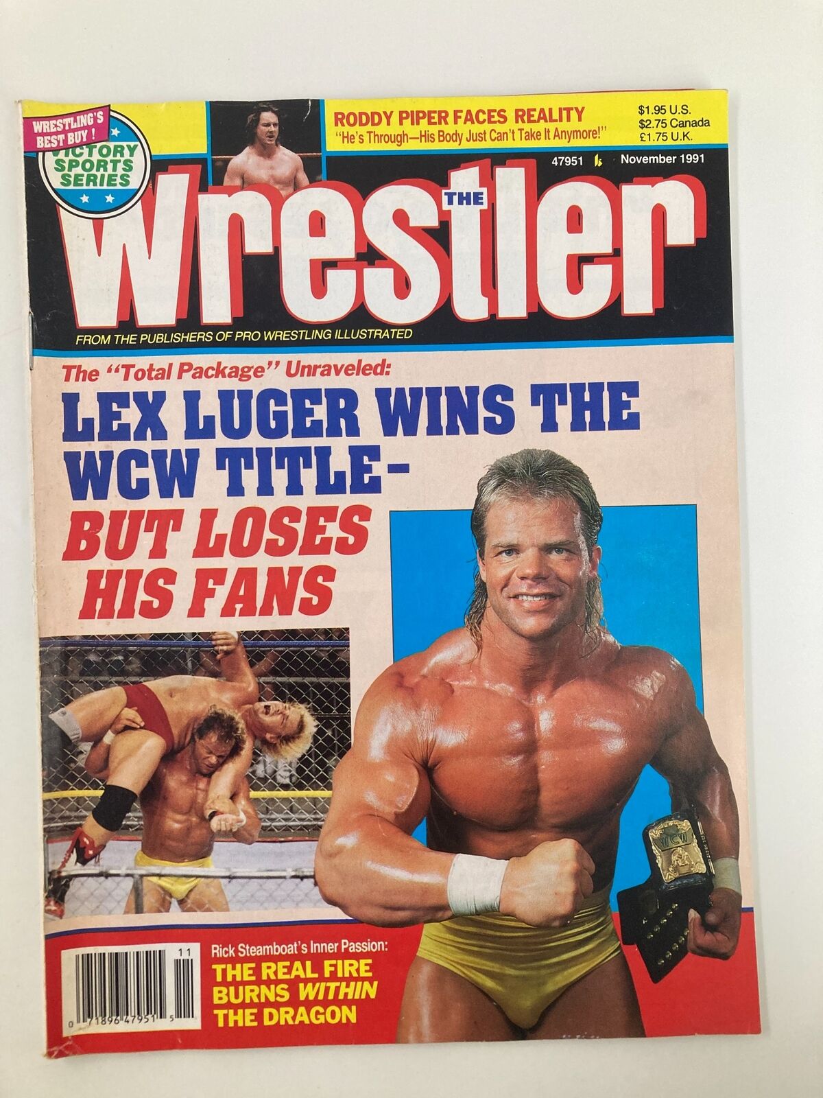 The Wrestler Magazine November 1991 cover featuring Lex Luger celebrating his WCW title win with a wrestling match scene in the background, showcased as a vintage collectible.