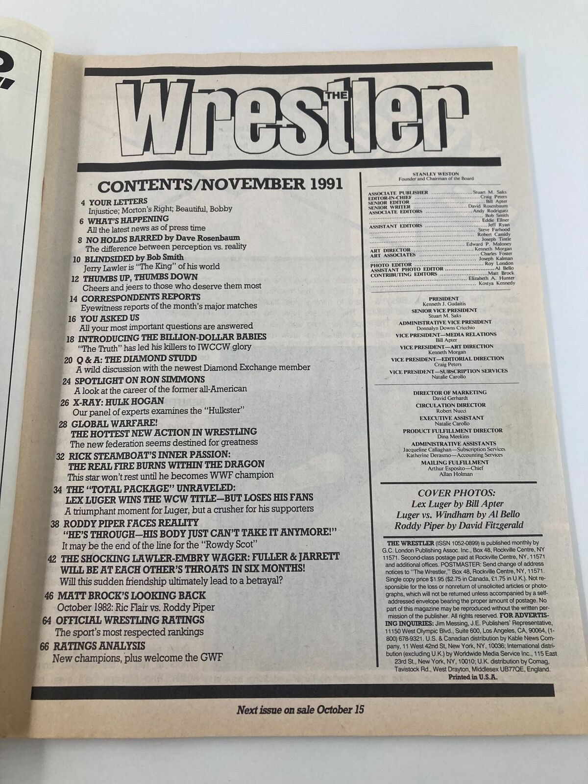 Contents page of The Wrestler Magazine, November 1991, featuring articles and highlights related to wrestling, including Lex Luger and Rick Steamboat. Essential for vintage magazine collectors.