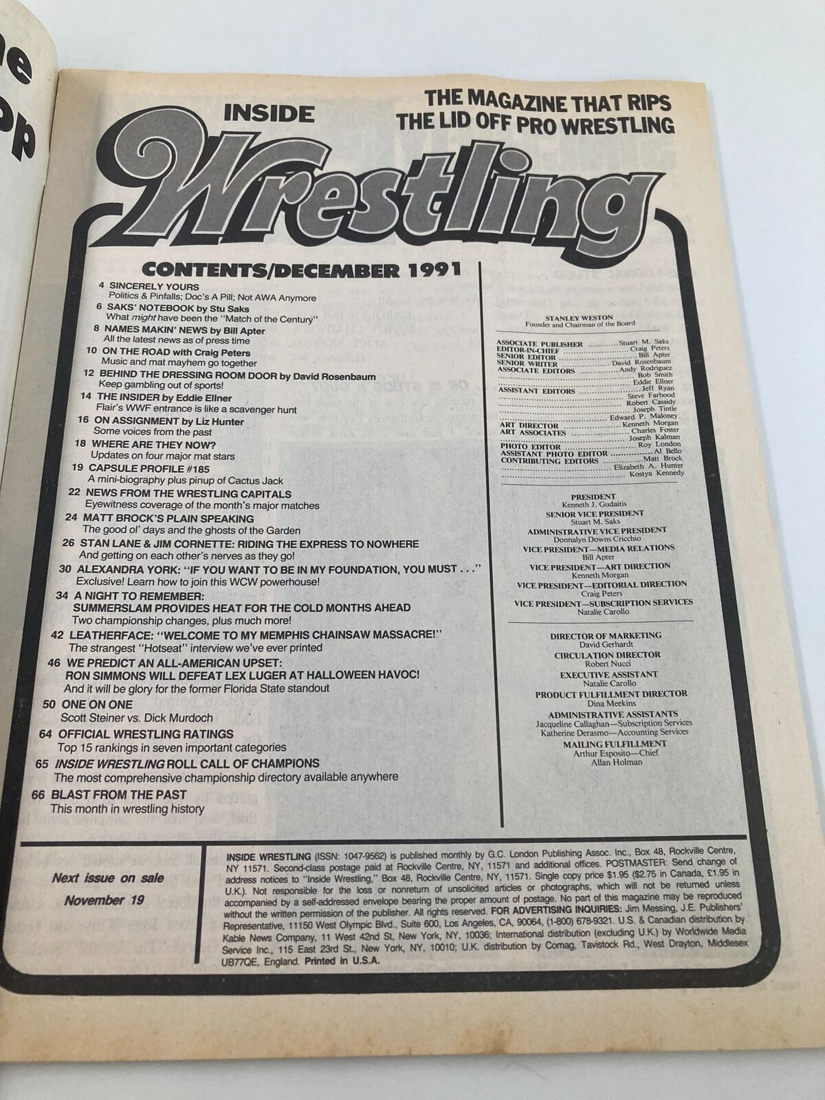 Inside Wrestling Magazine December 1991 Hulk Hogan vs Sgt. Slaughter No Label