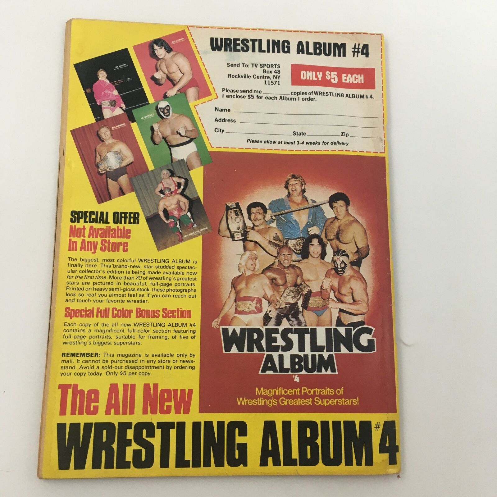 Back cover of The Wrestler Magazine April 1982 promoting Wrestling Album #4 with images of wrestling legends, alongside an offer for ordering.