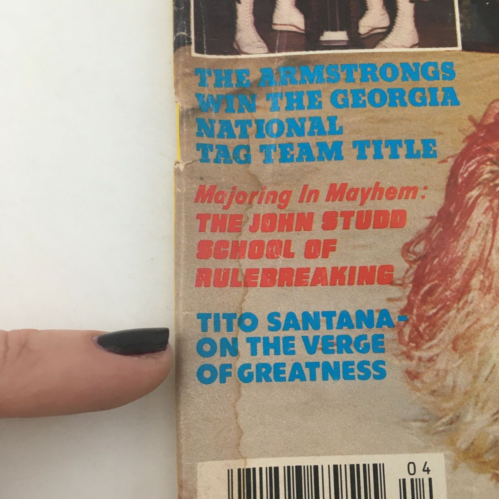 The Wrestler Magazine April 1982 cover featuring articles on The Armstrongs, John Studd, and Tito Santana, showcasing a vibrant wrestling history.