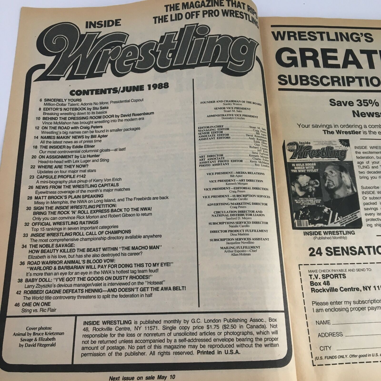 Inside Wrestling Magazine June 1988 Randy Savage & Elizabeth & Ric Flair & Sting