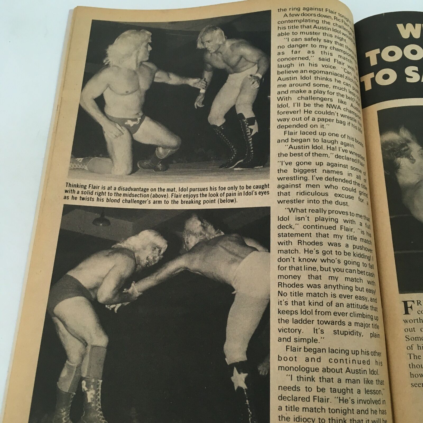 Image from The Wrestler Magazine March 1982 featuring Ric Flair and Austin Idol in a wrestling match. Flair twists Idol's arm demonstrating their intense rivalry.