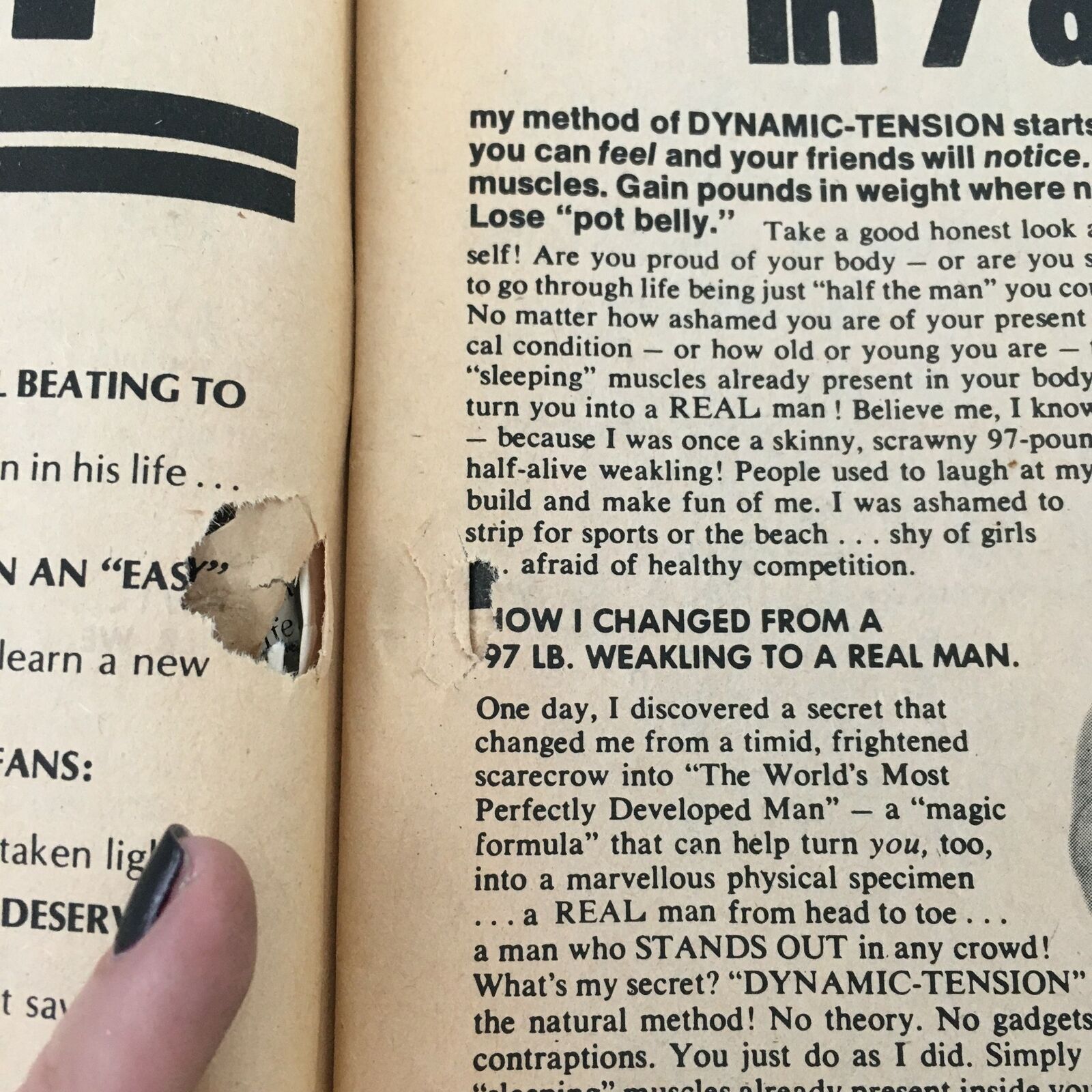Another interior section of The Wrestler Magazine March 1982 displaying a tear on the page with text, emphasizing wrestling culture and promotions.