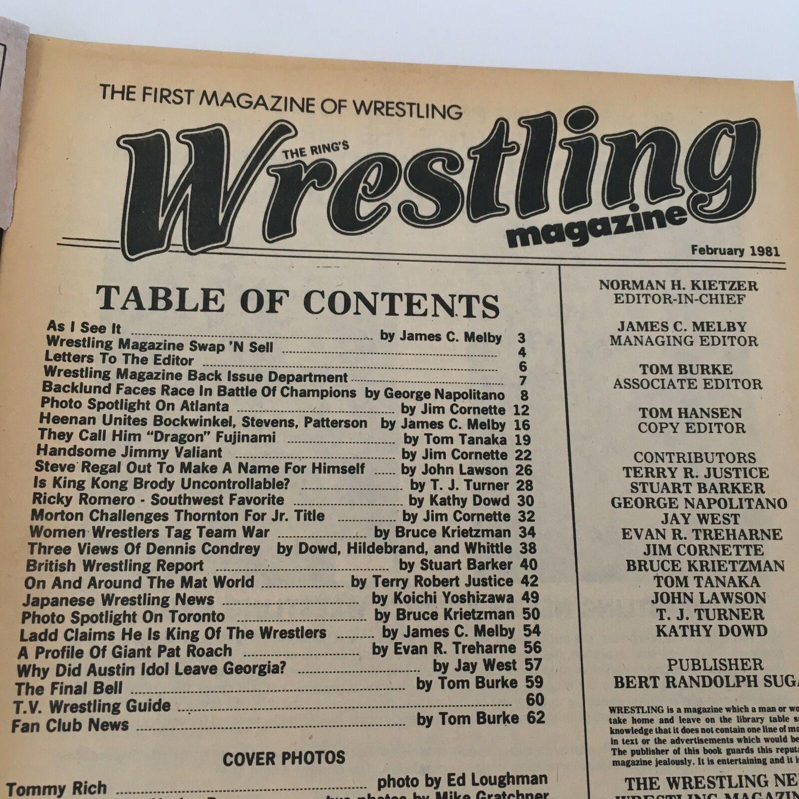 Table of contents from The Ring's Wrestling Magazine February 1981, outlining articles and features including Backlund vs Race.
