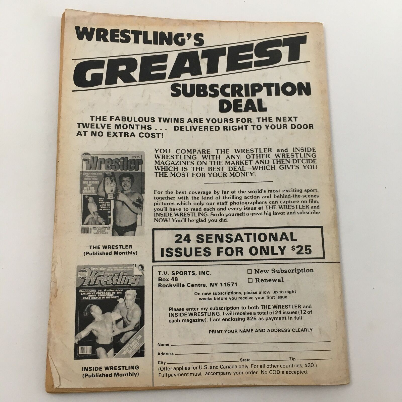 WWF The Wrestler Magazine August 1980 Larry Zbyszko and Hulk Hogan, No Label