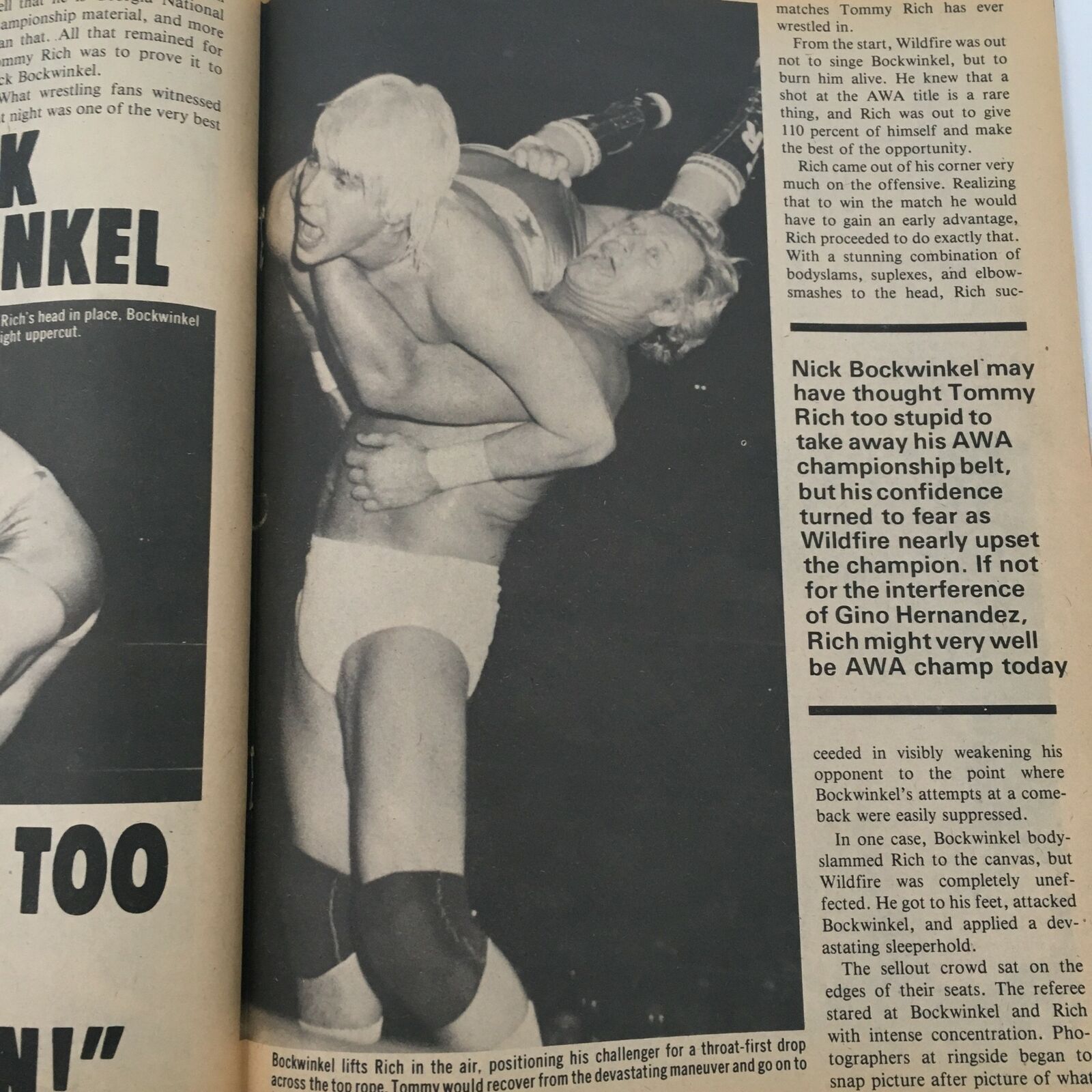Page from The Wrestler Magazine August 1982 showcasing Nick Bockwinkel wrestling Tommy Rich, capturing the intensity of the bout.