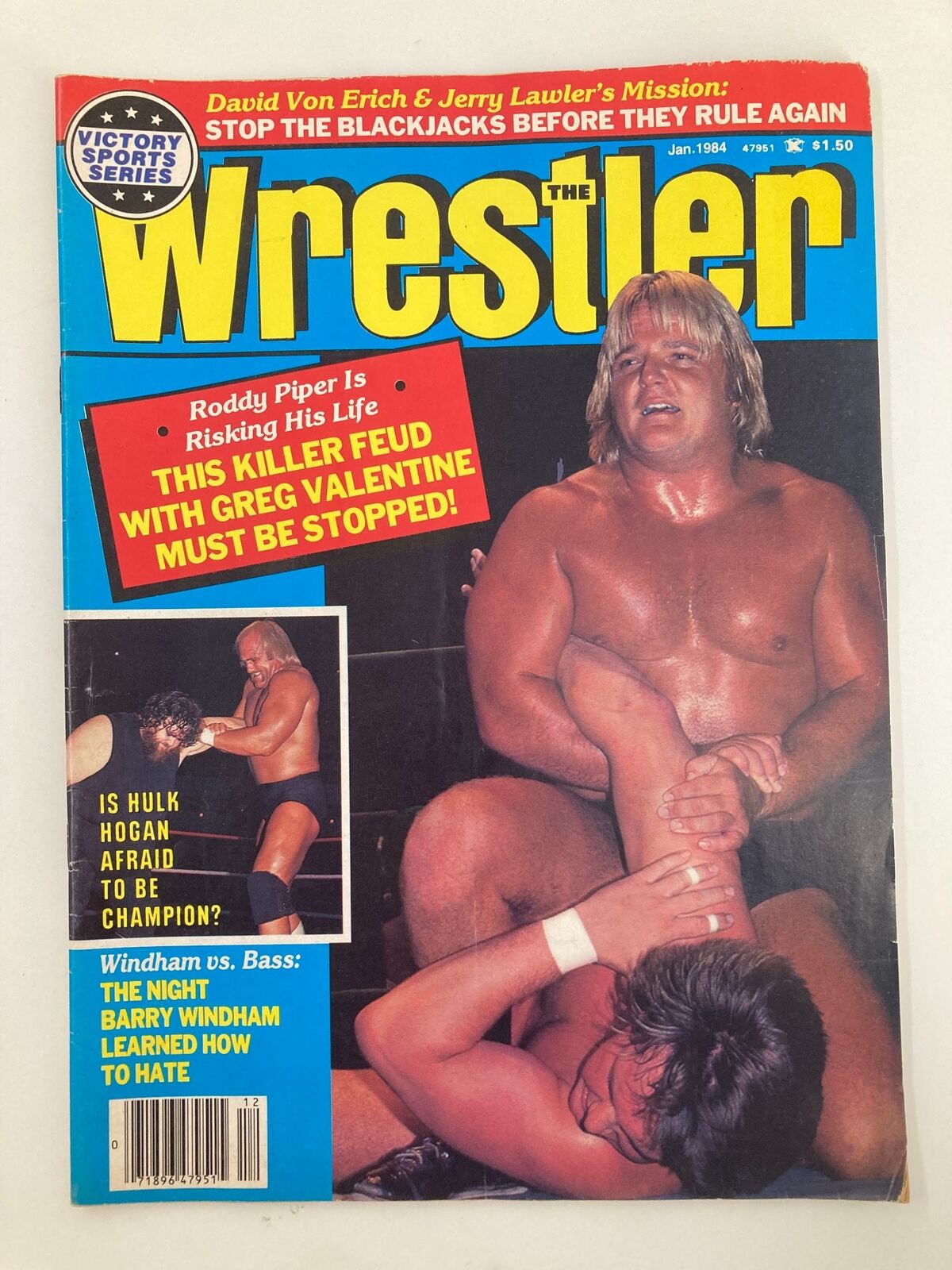 Vintage The Wrestler Magazine from January 1984 featuring Hulk Hogan, Roddy Piper, and Greg Valentine on the cover, highlighting key wrestling moments from the 1980s.