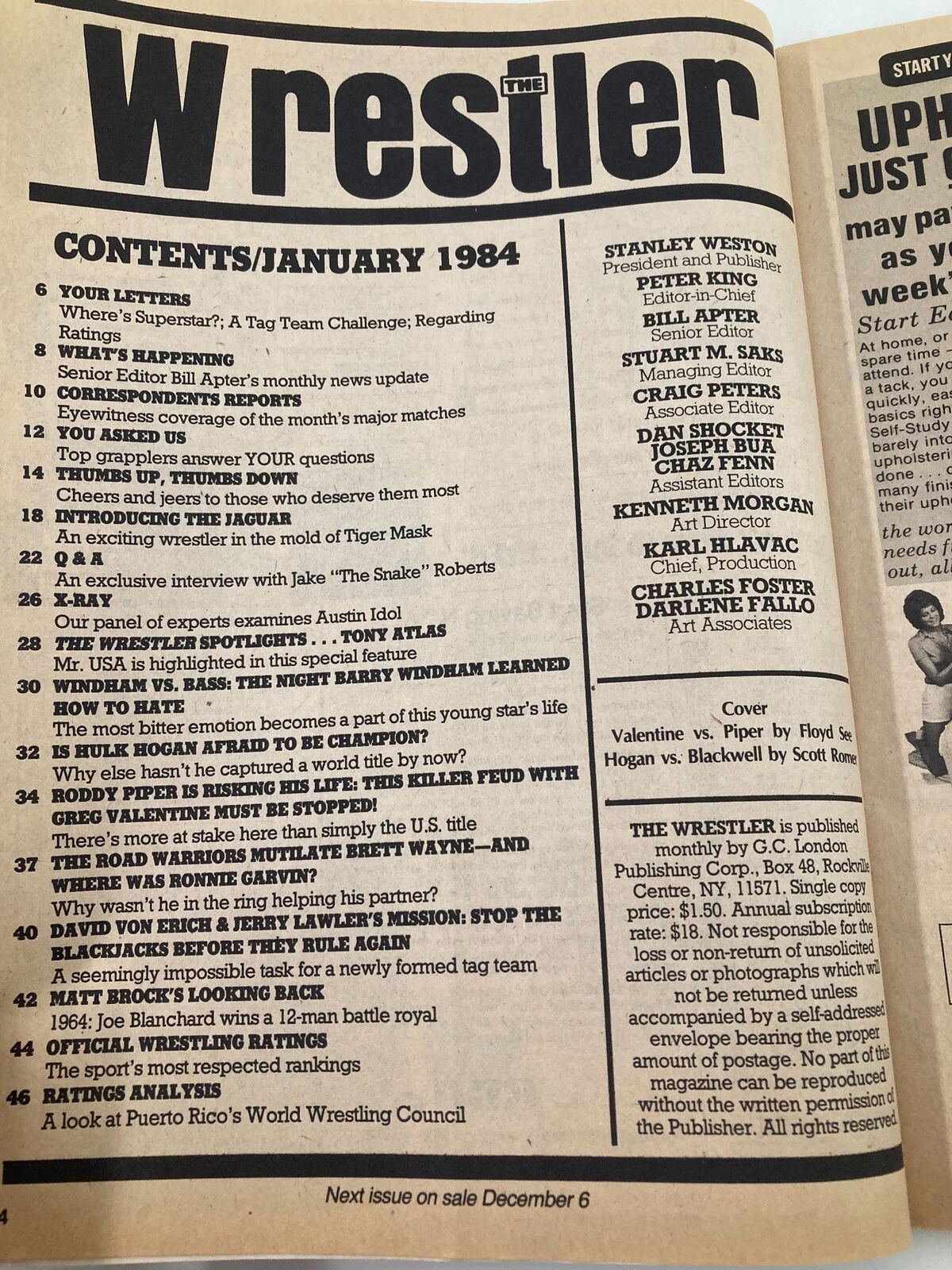 Inside contents page of The Wrestler Magazine January 1984, detailing articles and features including interviews and wrestling match reports.