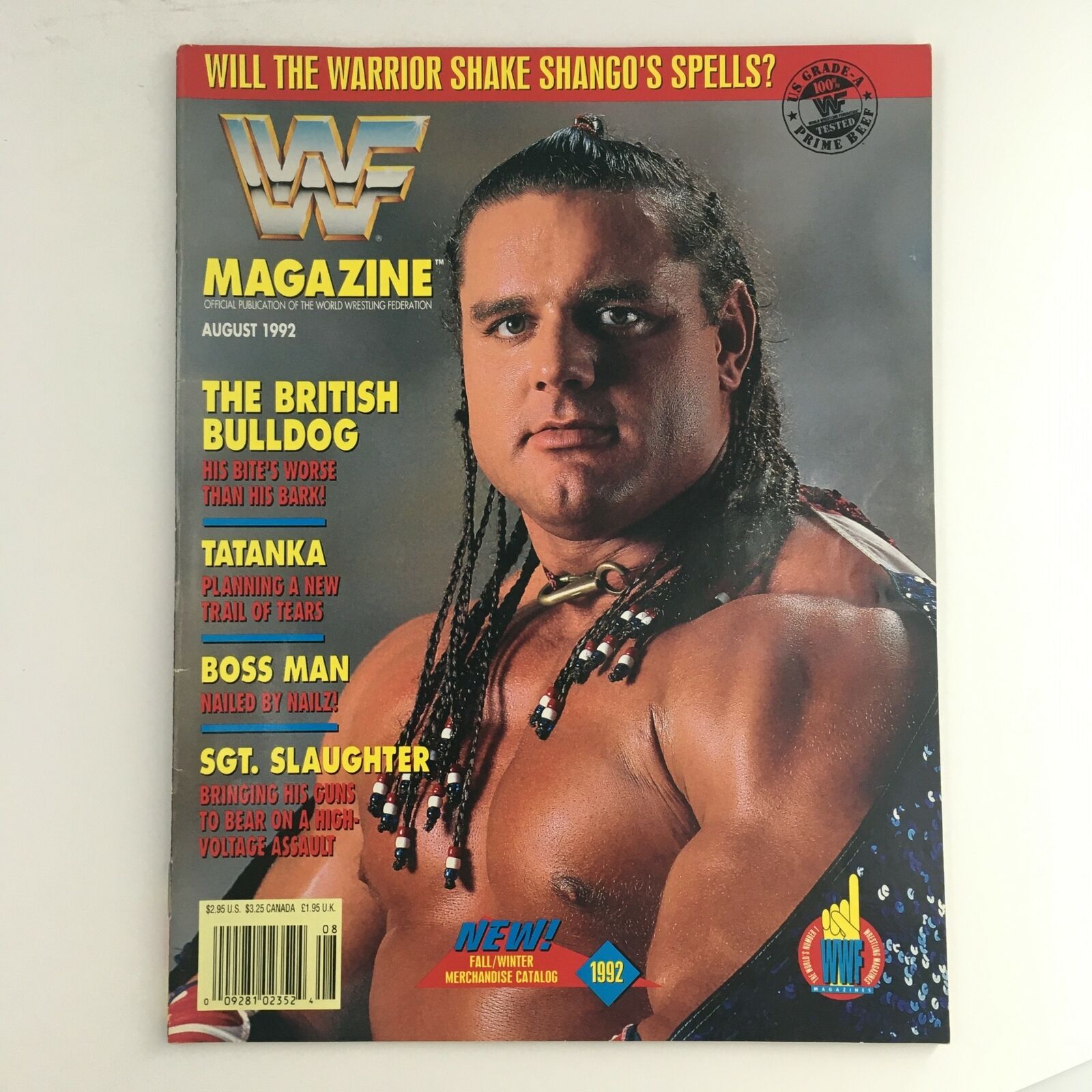 WWF Magazine August 1992 The British Bulldog & Tatanka & Boss Man, No Label VG