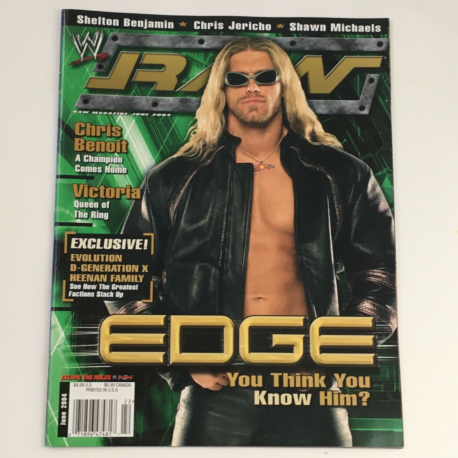WWE Raw Magazine June 2004 cover featuring Edge, Chris Benoit, and Lisa Marie Varon in a wrestling theme with Edge prominently displayed in sunglasses and a black jacket, highlighting the iconic figures from the sports entertainment era.