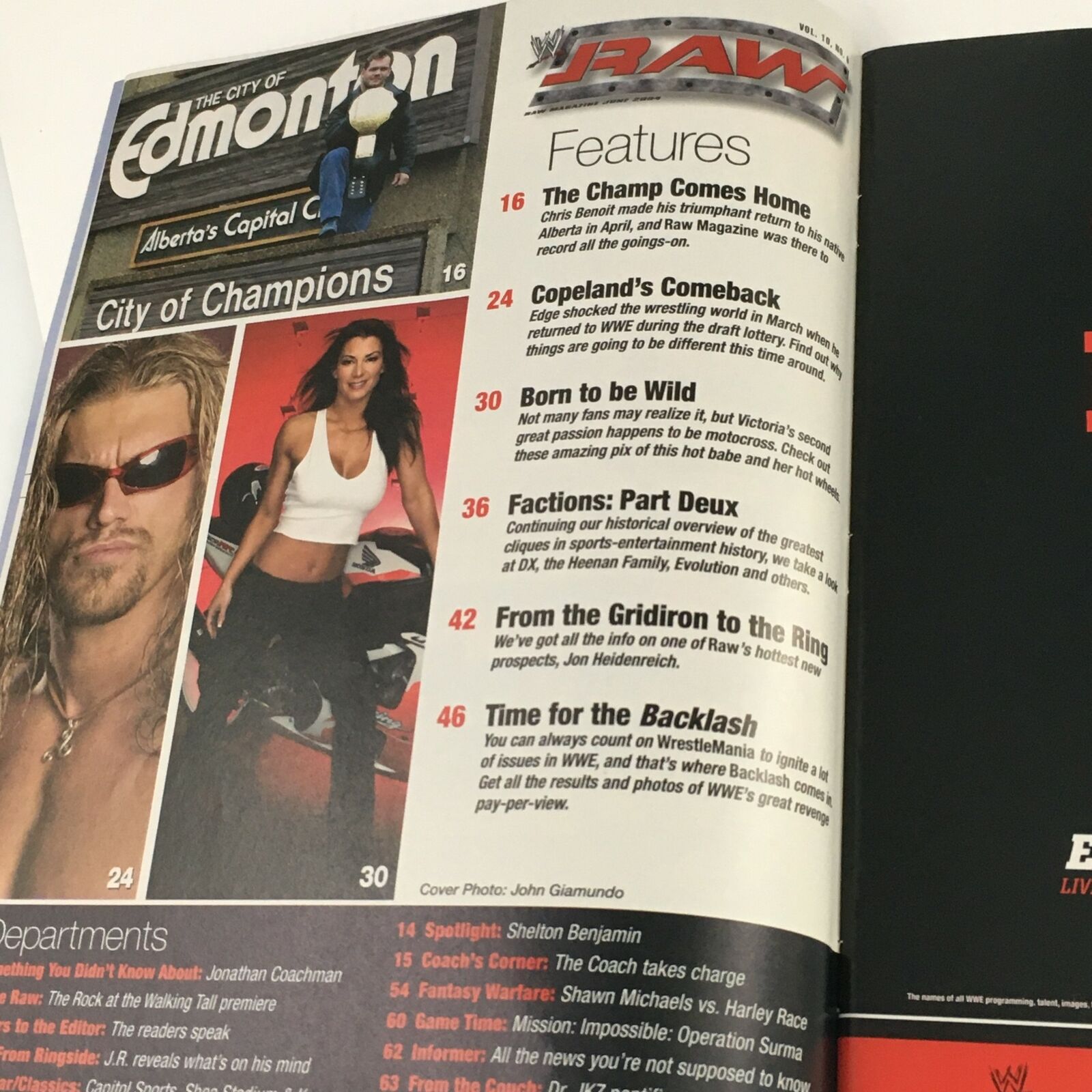 WWE Raw Magazine June 2004 featuring Edge and Chris Benoit, showcasing magazine features and content details.