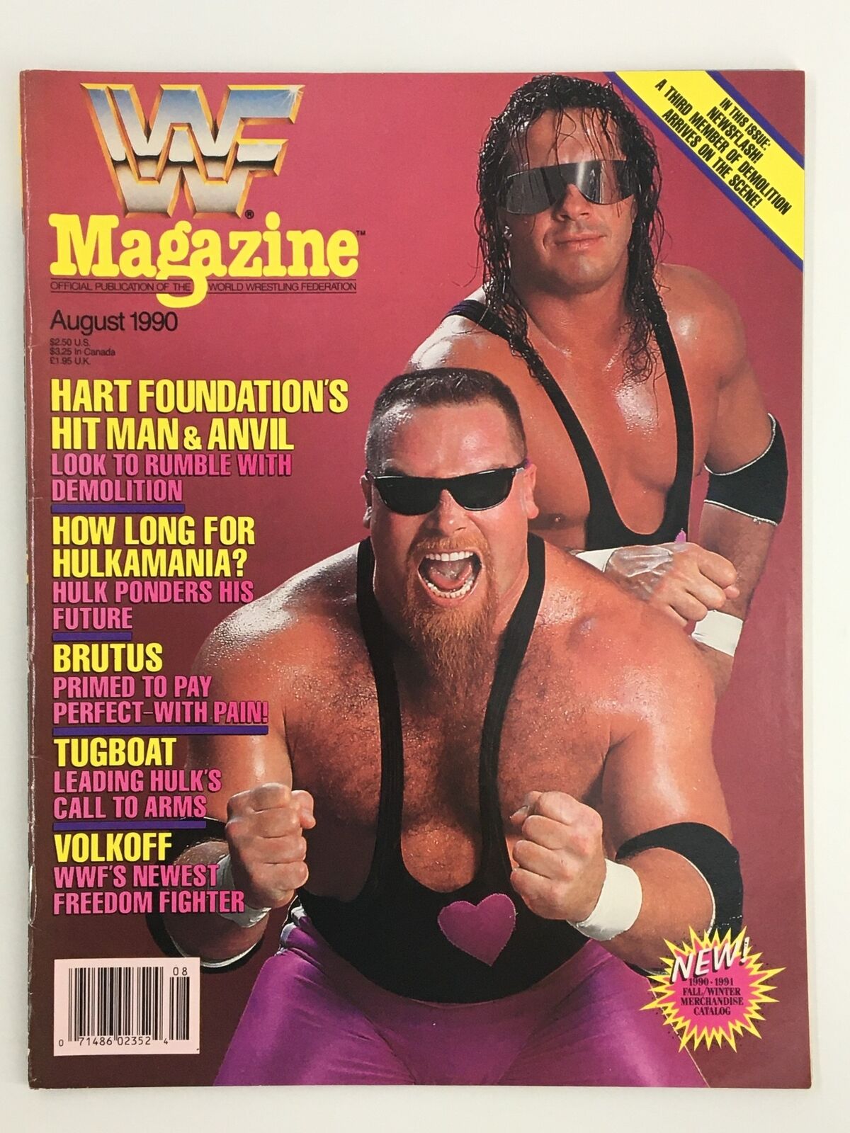 VTG WWF Magazine August 1990 Bret "Hitman" Hard & Jim "Anvil" Neidhart No Label