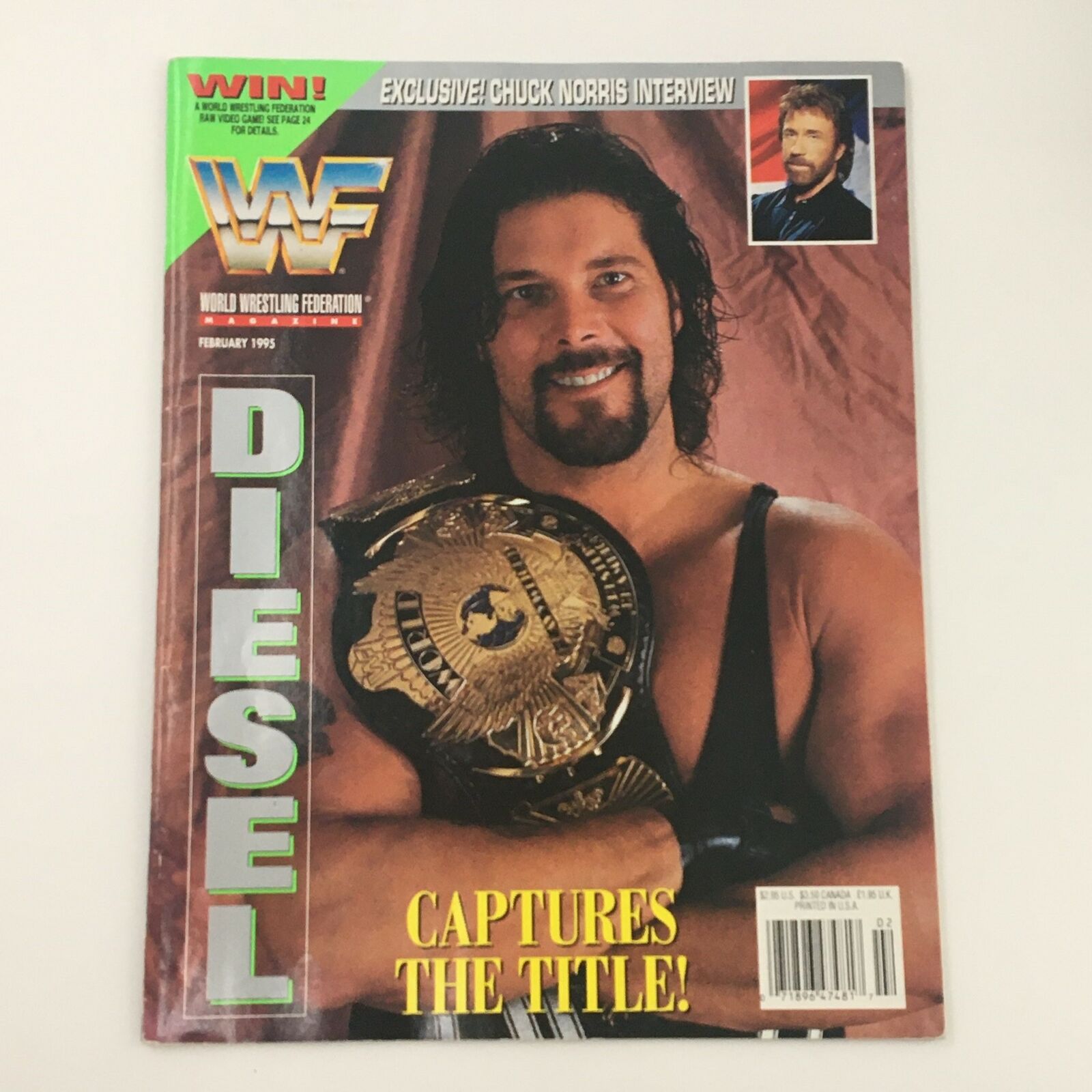 WWF Magazine February 1995 cover featuring Diesel holding a championship belt and a promotional image of Chuck Norris alongside the title 'Diesel Captures the Title!'.