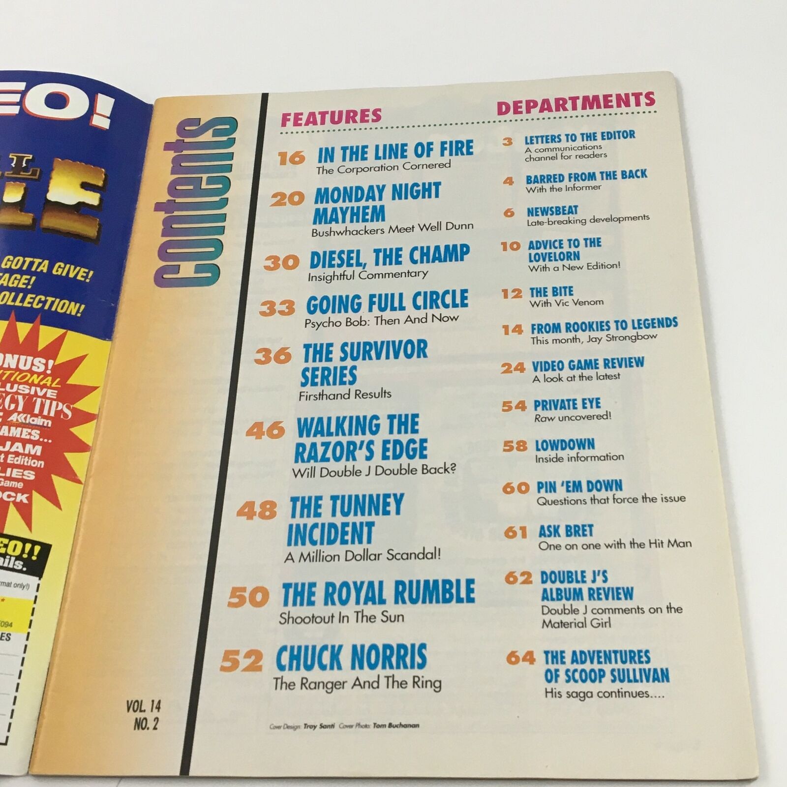 Contents page of WWF Magazine February 1995 detailing features and departments, including segments on Diesel and Chuck Norris.