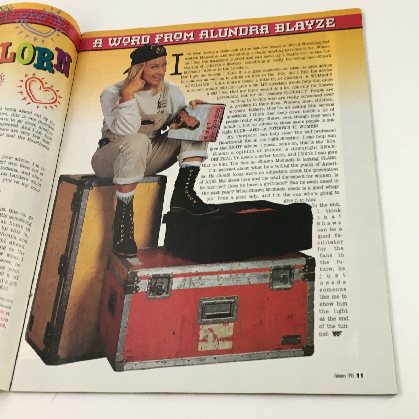 An article from WWF Magazine February 1995 featuring Alundra Blayze sitting on a trunk while discussing various topics related to wrestling.