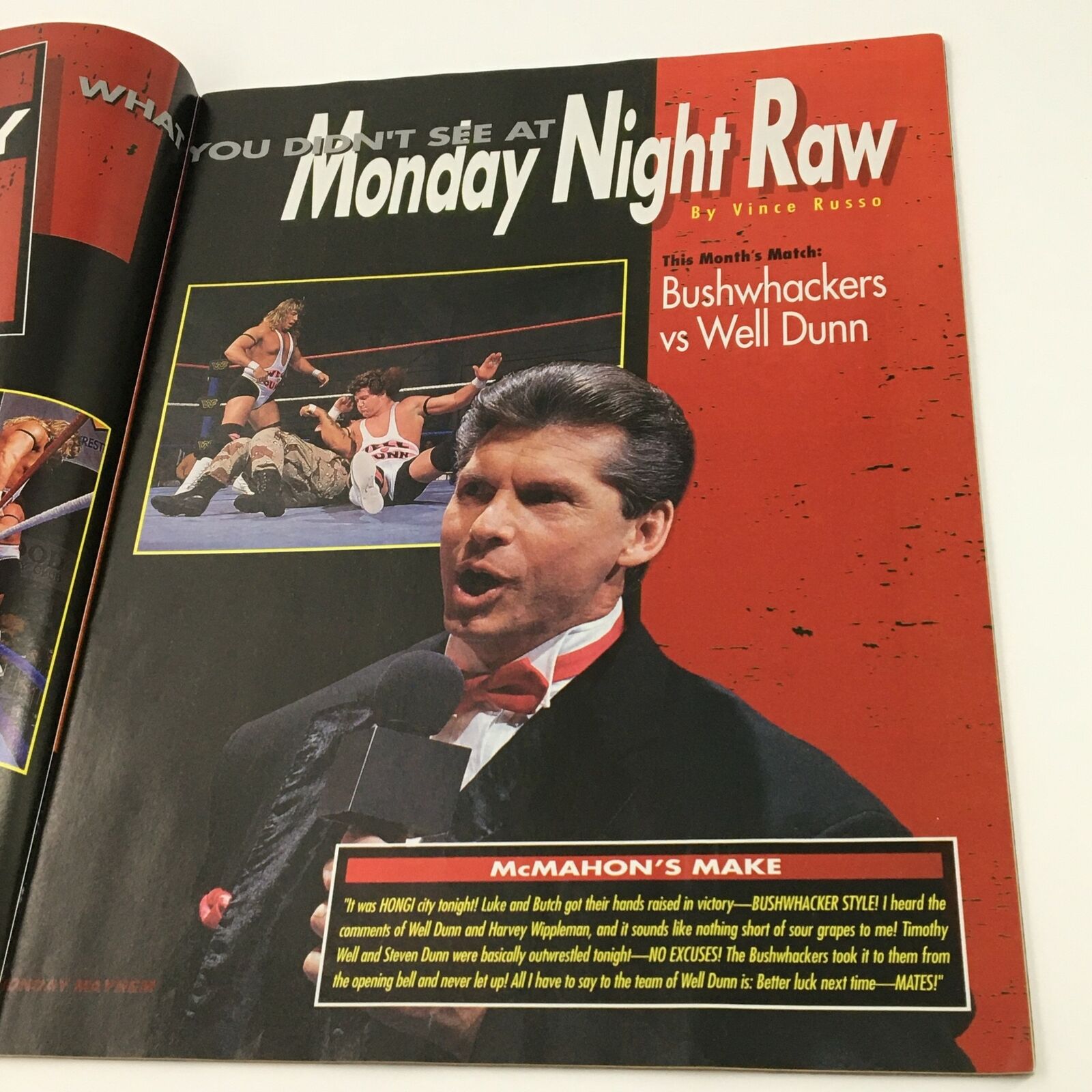 WWF Magazine February 1995 featuring Vince McMahon and highlights from the Bushwhackers vs Well Dunn match.