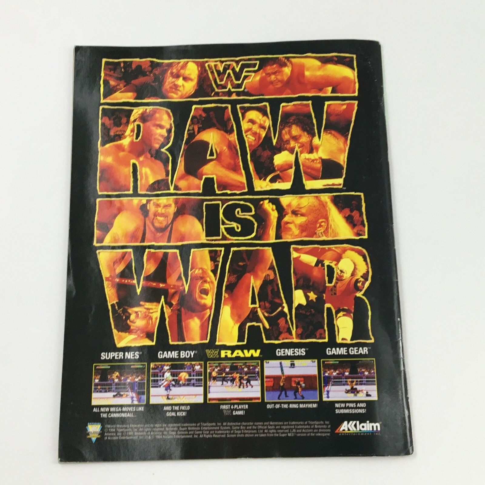 WWF Magazine February 1995 displaying the back cover with 'RAW IS WAR' and various gaming promotions from the era.