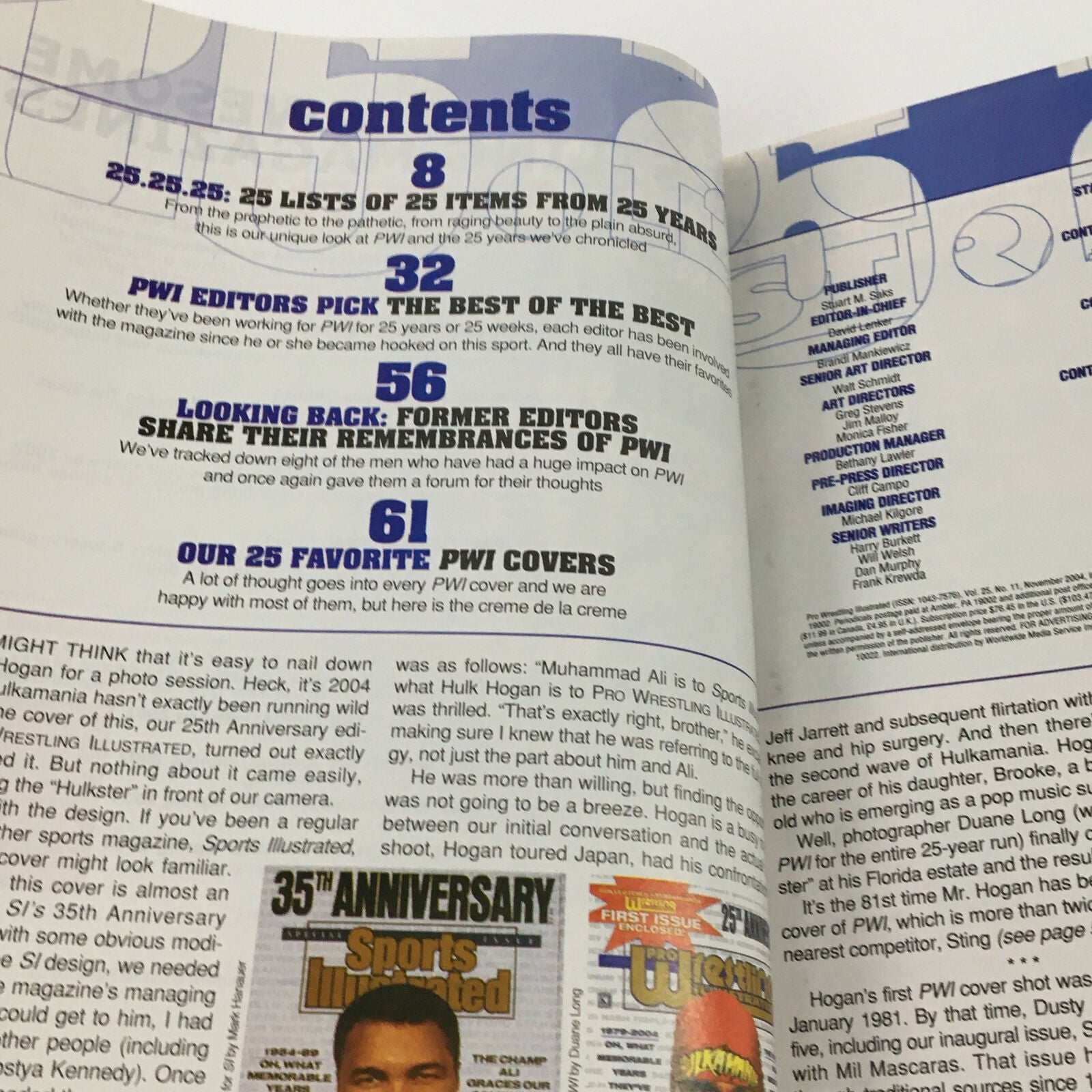 Contents page of Pro Wrestling Illustrated Magazine November 2004, highlighting key features and lists related to wrestling history.