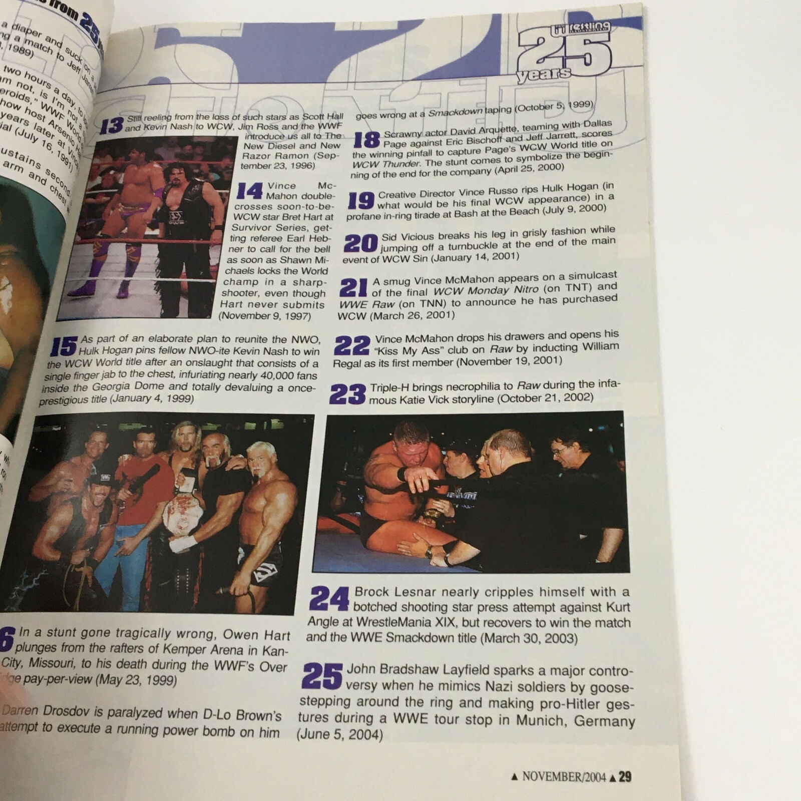 Page from Pro Wrestling Illustrated Magazine November 2004, showcasing memorable moments in wrestling history including Brock Lesnar's impact.