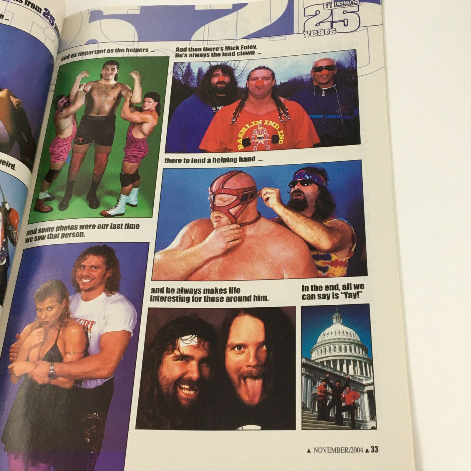 Wrestling photo spread in Pro Wrestling Illustrated Magazine November 2004, featuring notable personalities and historical moments in professional wrestling.