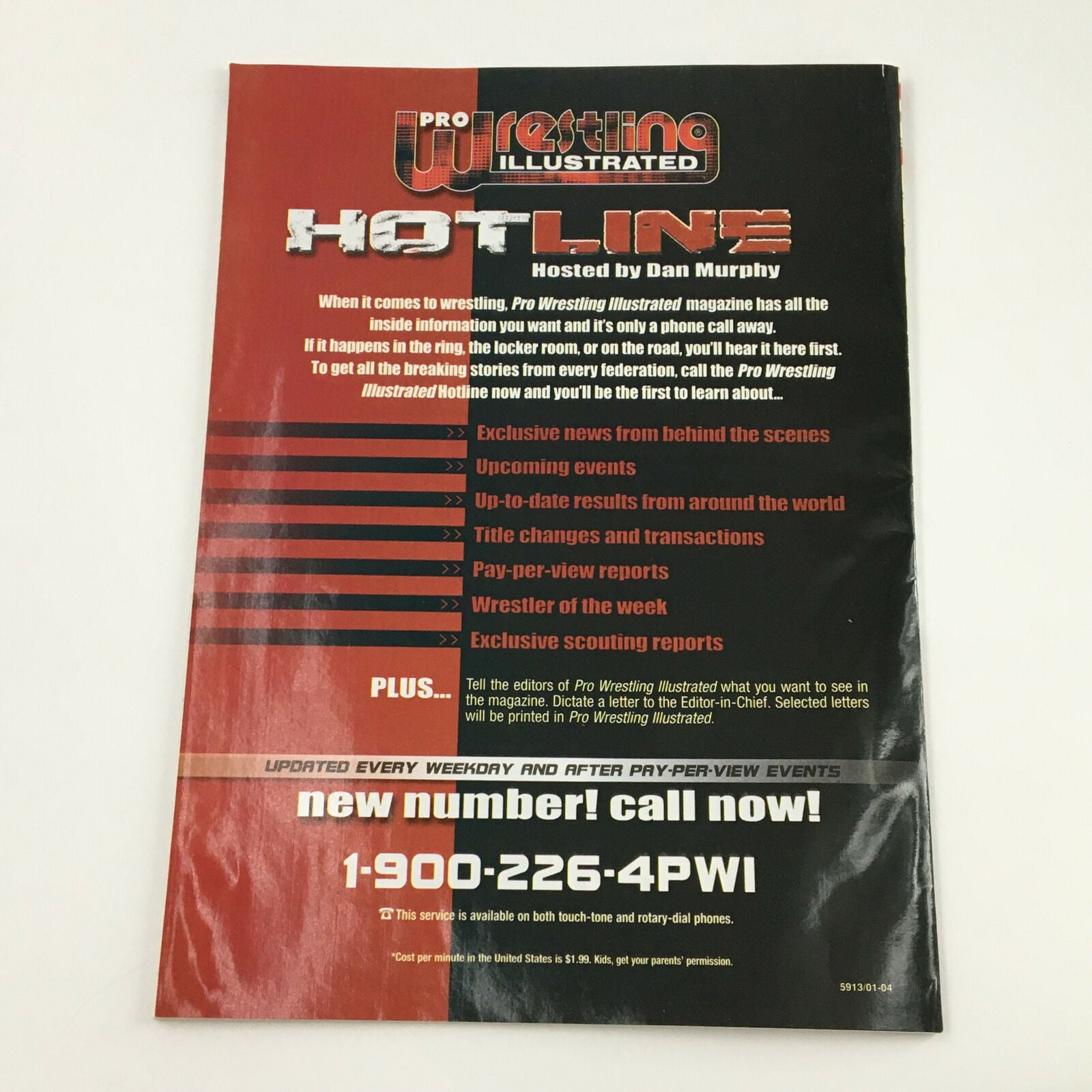 Promotional page for Pro Wrestling Illustrated Magazine November 2004 Hot Line, hosted by Dan Murphy, offering wrestling news and updates.