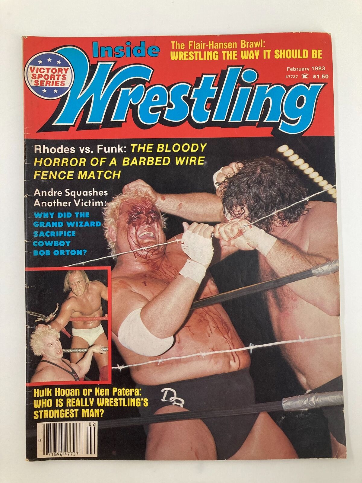 Vintage Inside Wrestling Magazine February 1983 featuring Hulk Hogan vs Ken Patera on the cover, showcasing intense wrestling action, with additional highlights of Rhodes vs Funk and Andre the Giant.