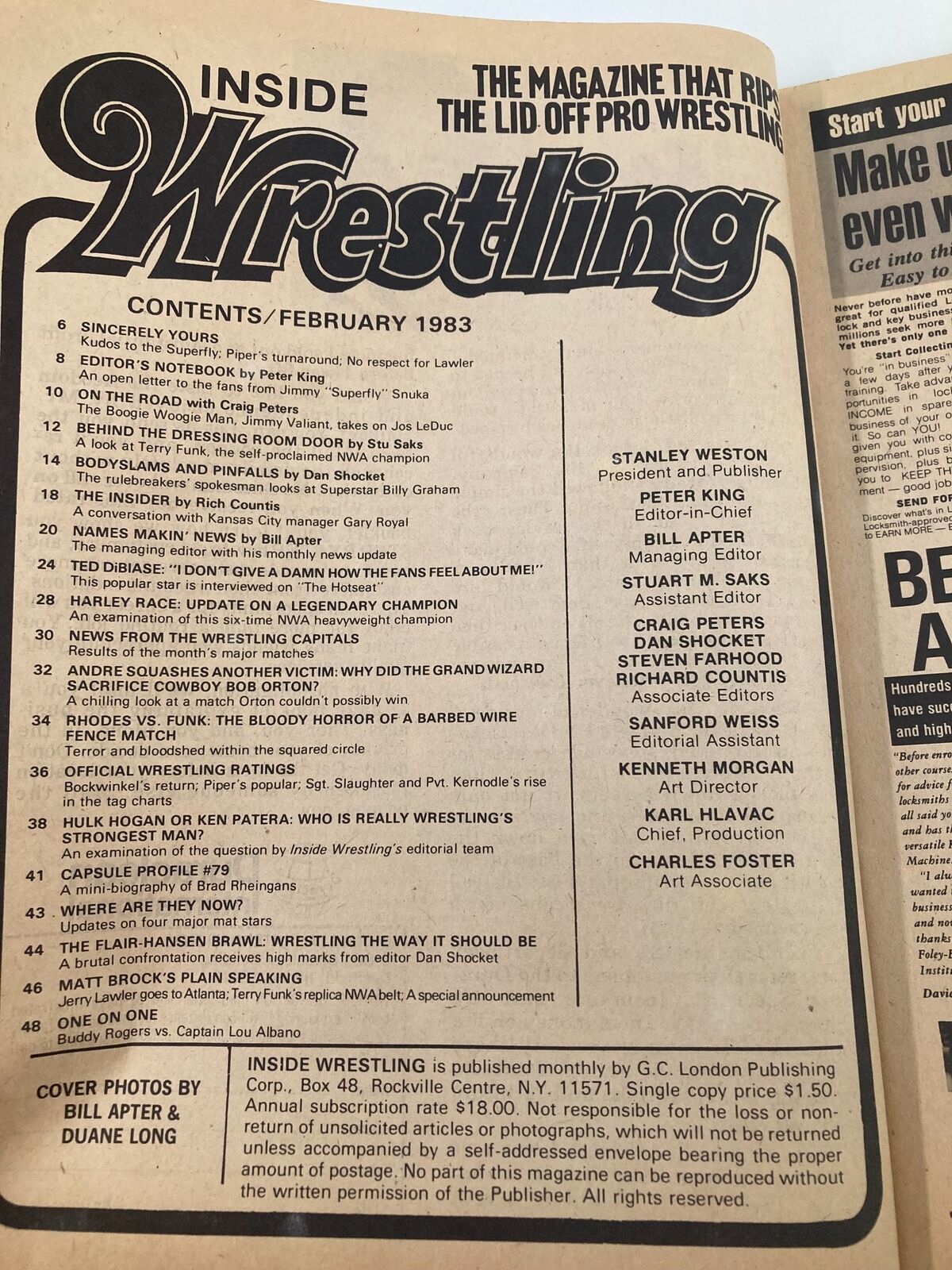 Inside page of February 1983 Inside Wrestling Magazine, featuring the table of contents and article previews, capturing the essence of wrestling journalism during the 1980s.