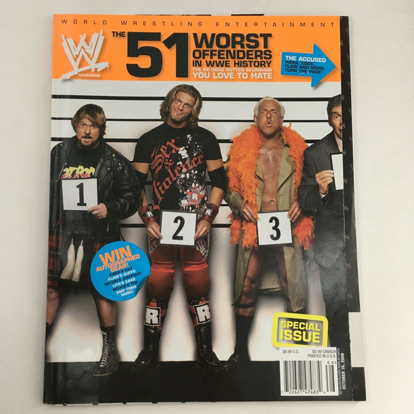 WWE WWF Magazine October 2006 cover featuring iconic wrestlers, including Edge, in a humorous article about the '51 Worst Offenders in WWE History'.