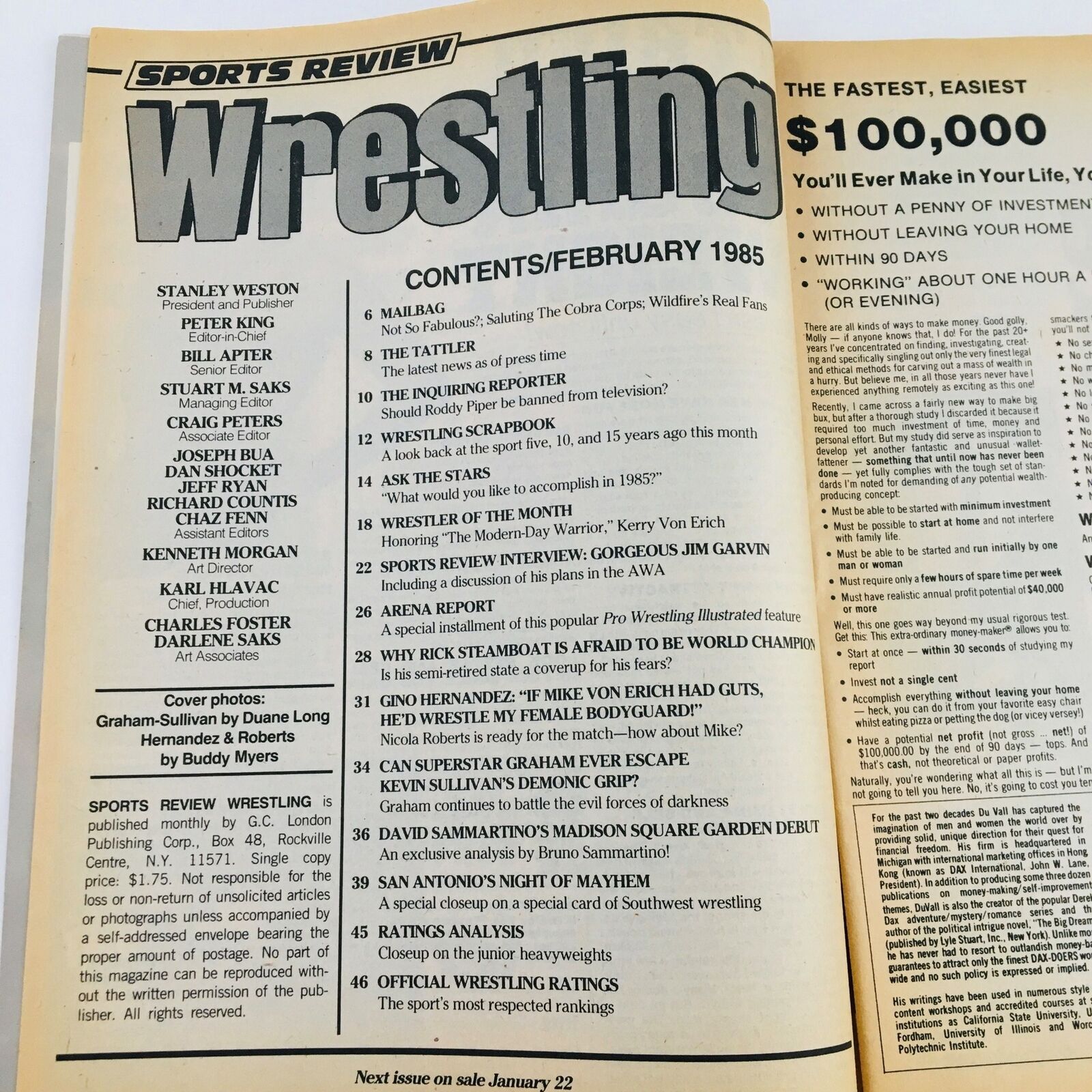 Inside contents page of Sports Review Wrestling Magazine February 1985, listing articles and features such as Superstar Graham and Kevin Sullivan.