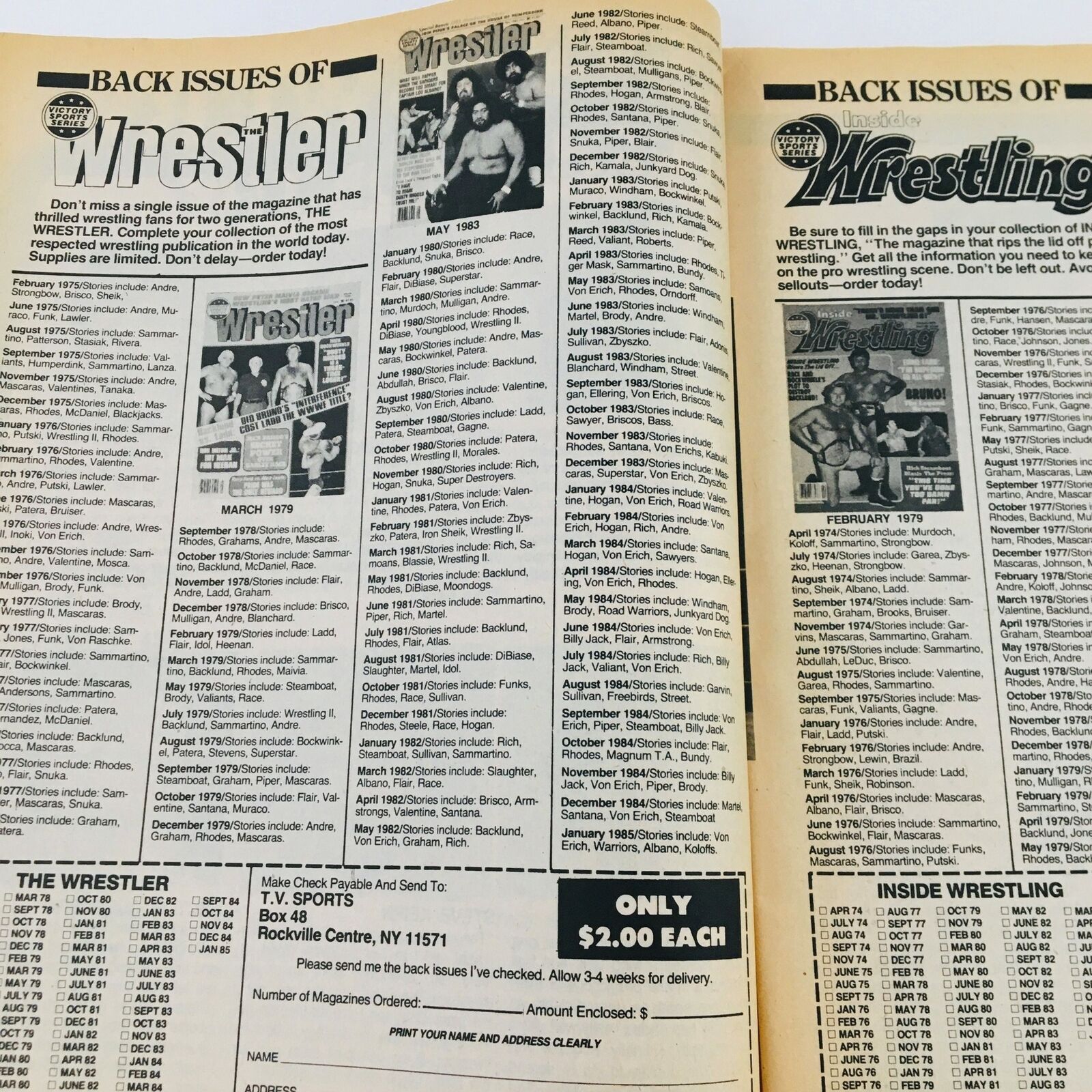 Back issues listing from the Sports Review Wrestling Magazine February 1985 featuring Superstar Graham and Kevin Sullivan, showcasing available previous issues of wrestling magazines.