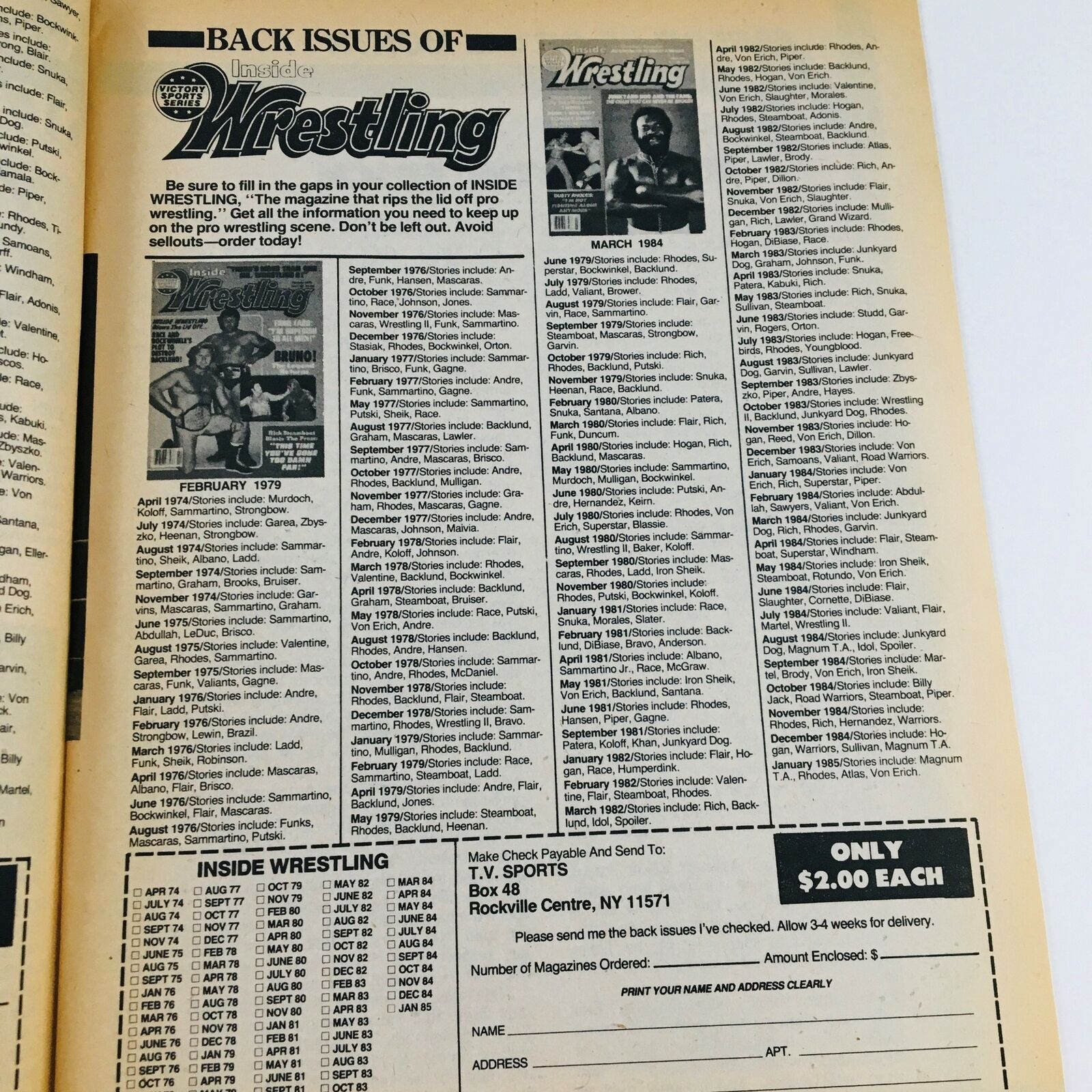 Inside pages from the Sports Review Wrestling Magazine February 1985 with a detailed list of back issues of wrestling magazines highlighting prominent wrestlers.