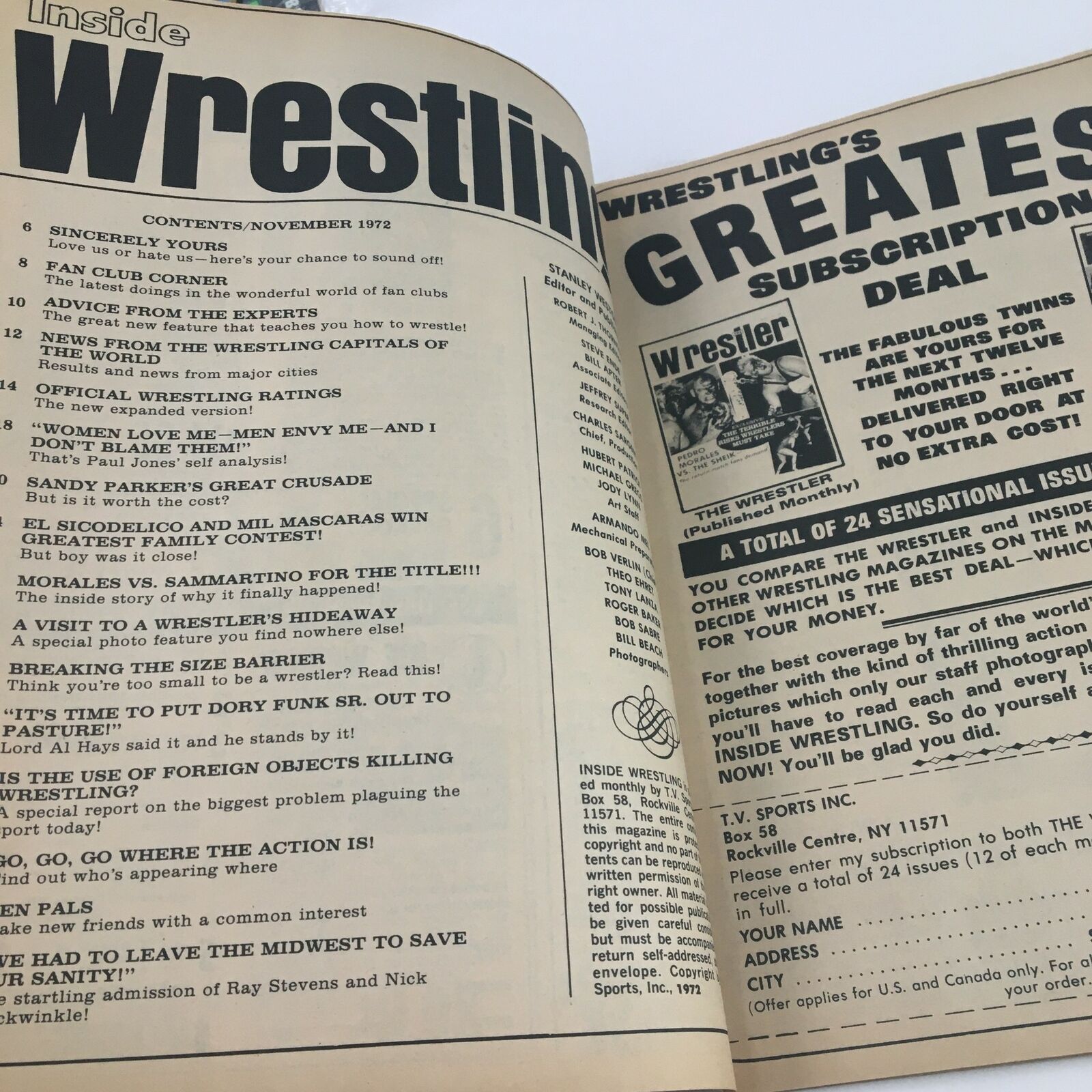 Inside Wrestling Magazine November 1972 Bruno Sammartino vs Morales No Label
