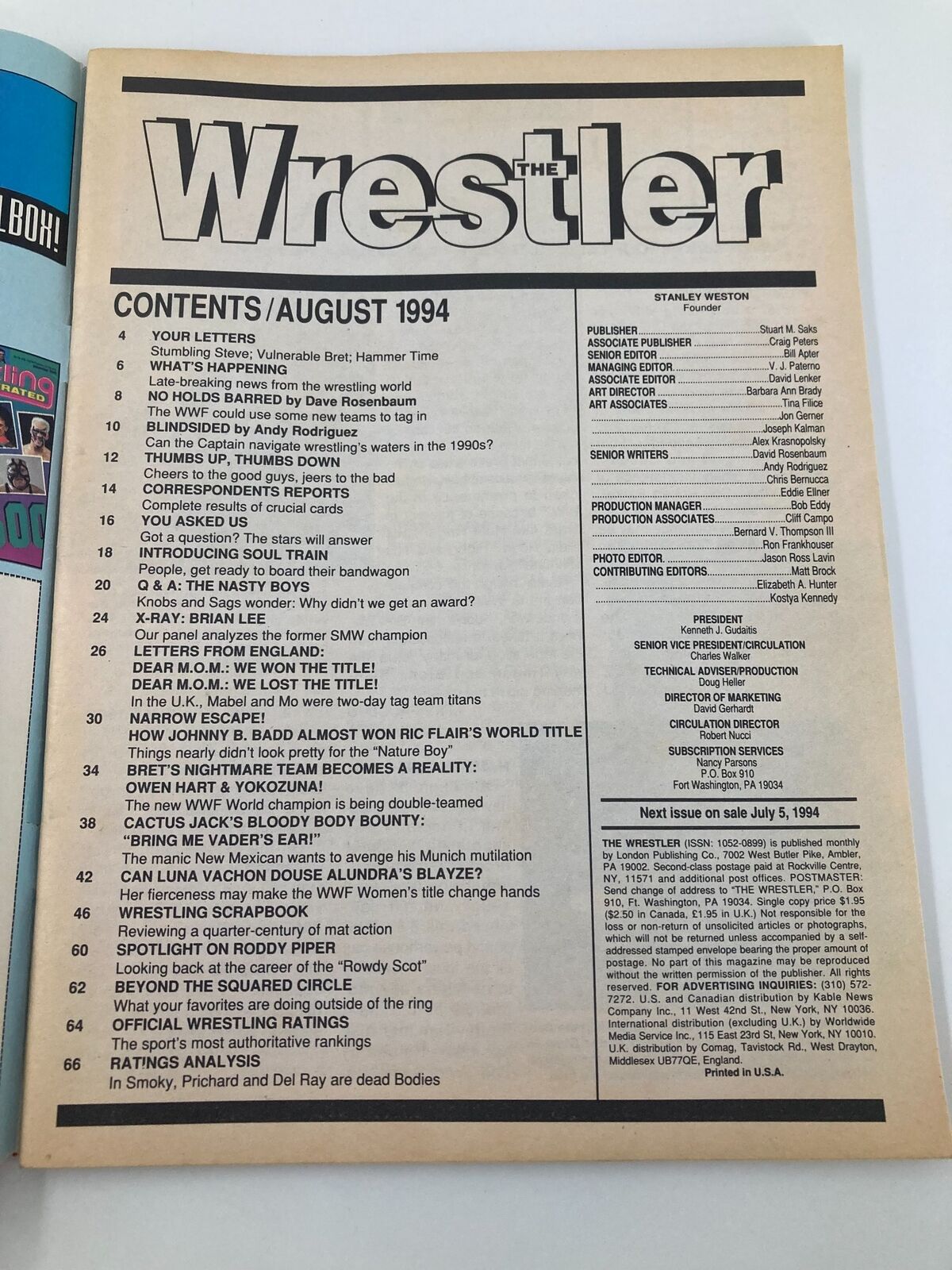 The Wrestler Magazine August 1994 Owen Heart and Yokozuna No Label