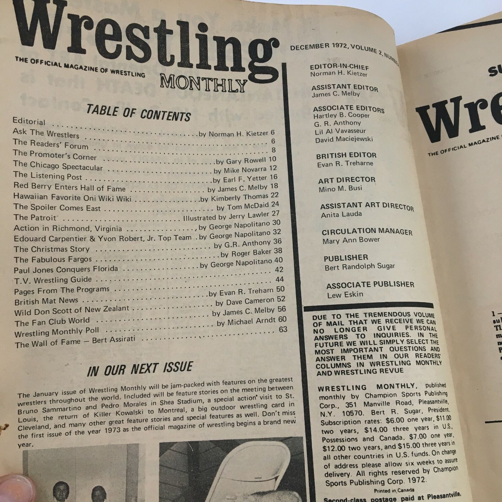 Wrestling Monthly Magazine December 1972 Carpenter and Robert, No Label