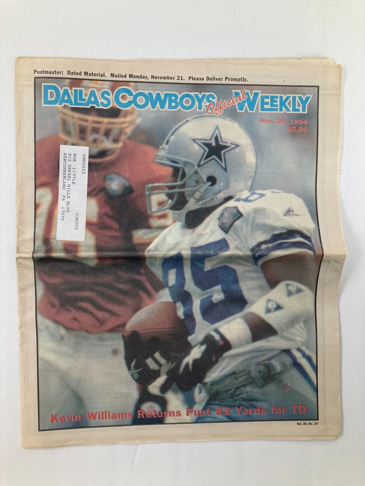 Dallas Cowboys Weekly Newspaper November 26 1994 Vol 20 #24 Kevin Williams